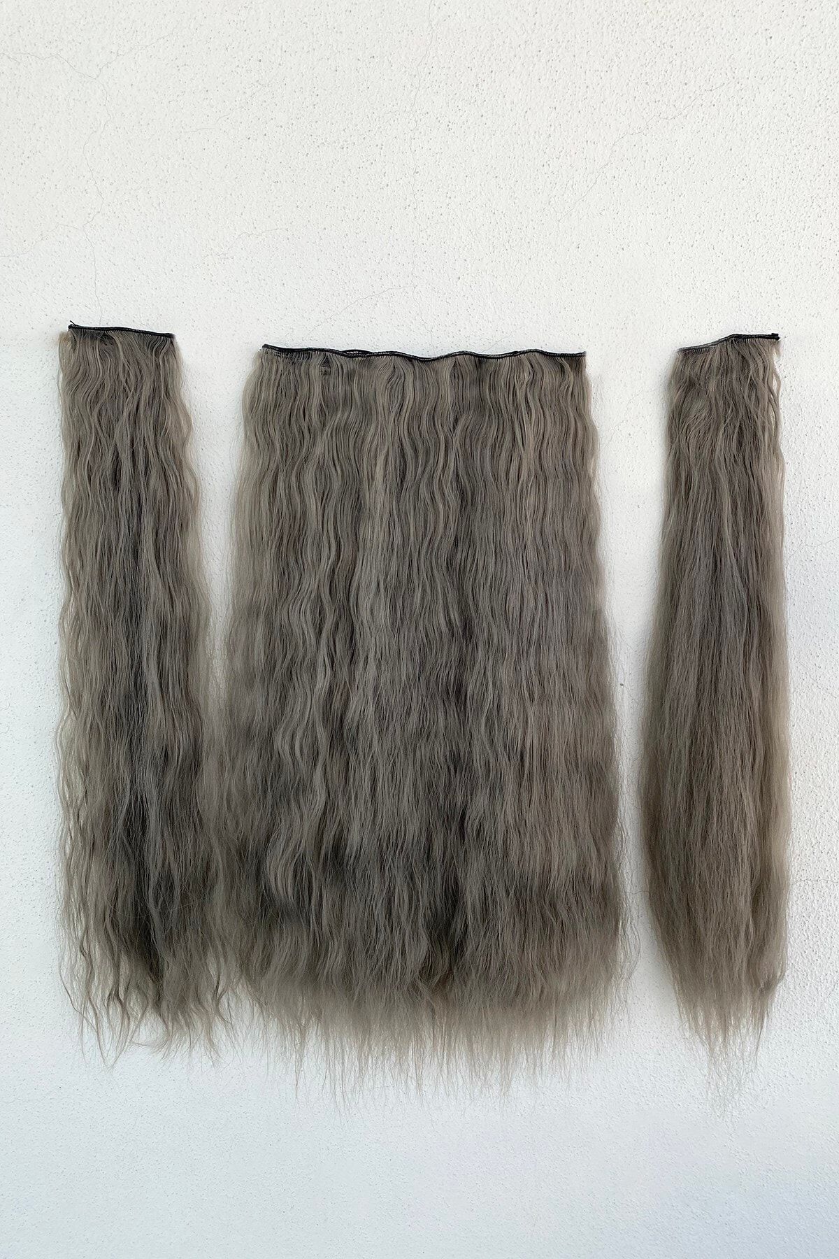 TAKIŞTIR Isıya Dayanıklı Yıkanabilir Yarımay Çıt Çıt Saç -180#3-gri-kıvırcık-65cm-135gr+2 Adet Yan Çıtçıt Saç
