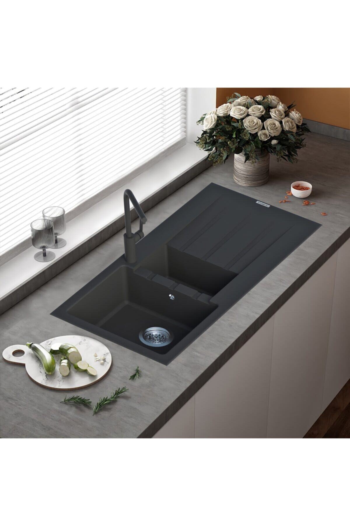 Vıvıano Viviano 1,5 Göz 50x100 Cm Metalik Siyah Granit Evye + Sifon Bağlantı Hortumları