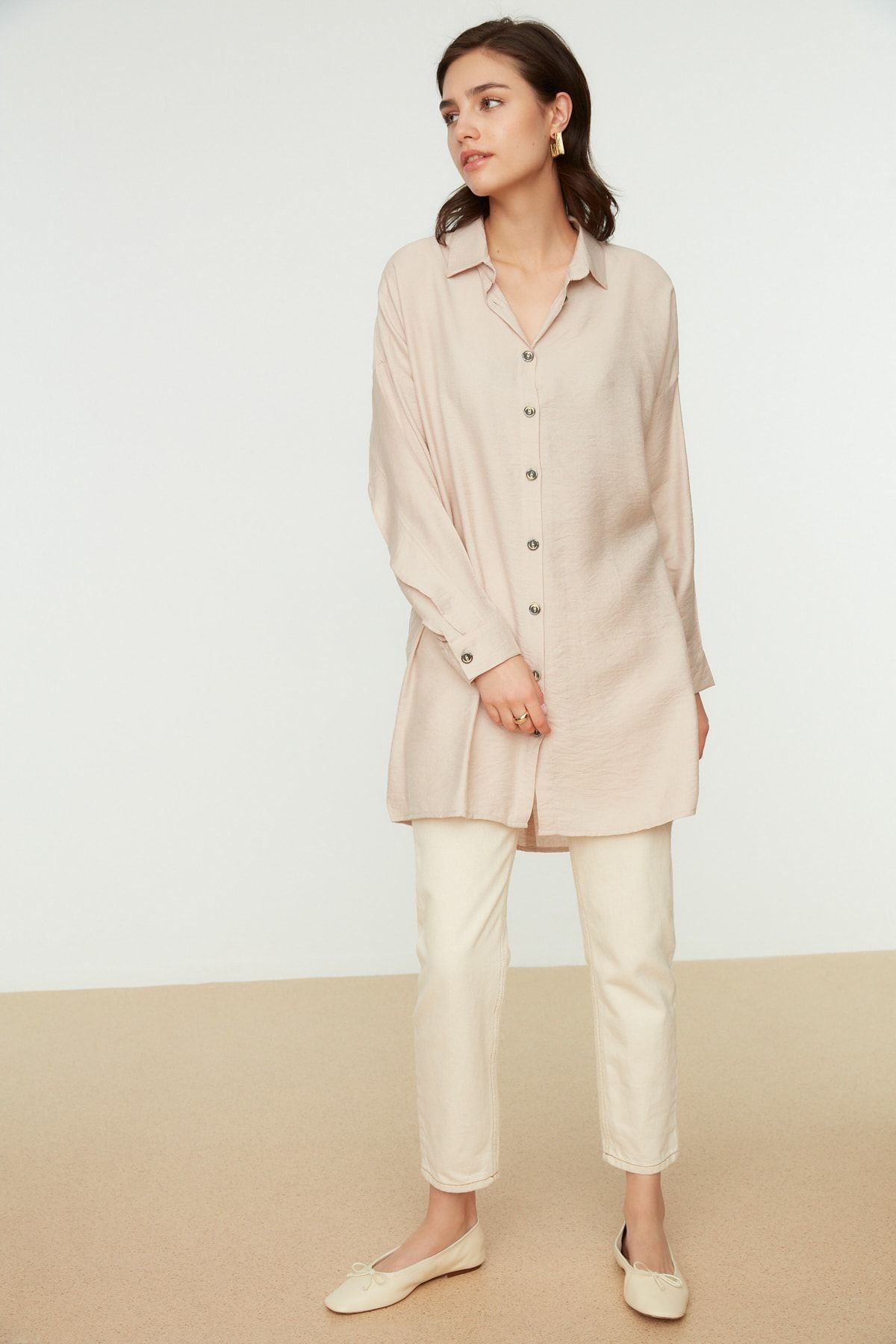 Trendyol Modest Bej Gömlek Yaka Tesettür Tunik TCTSS21TN0047