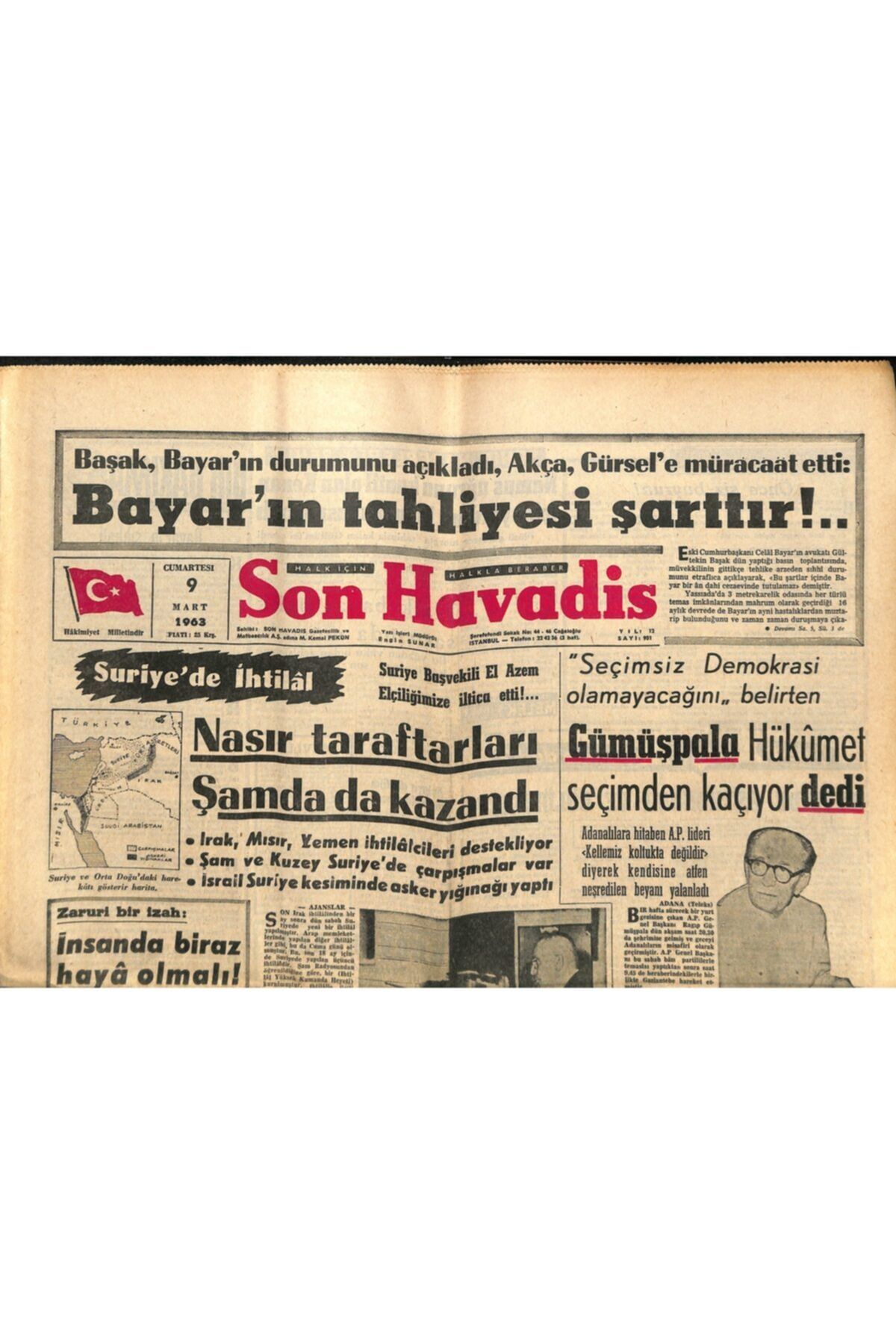 Gökçe Koleksiyon Son Havadis Gazetesi 9 Mart 1963 - Nasır Taraftarları Şamda Da Kazandı