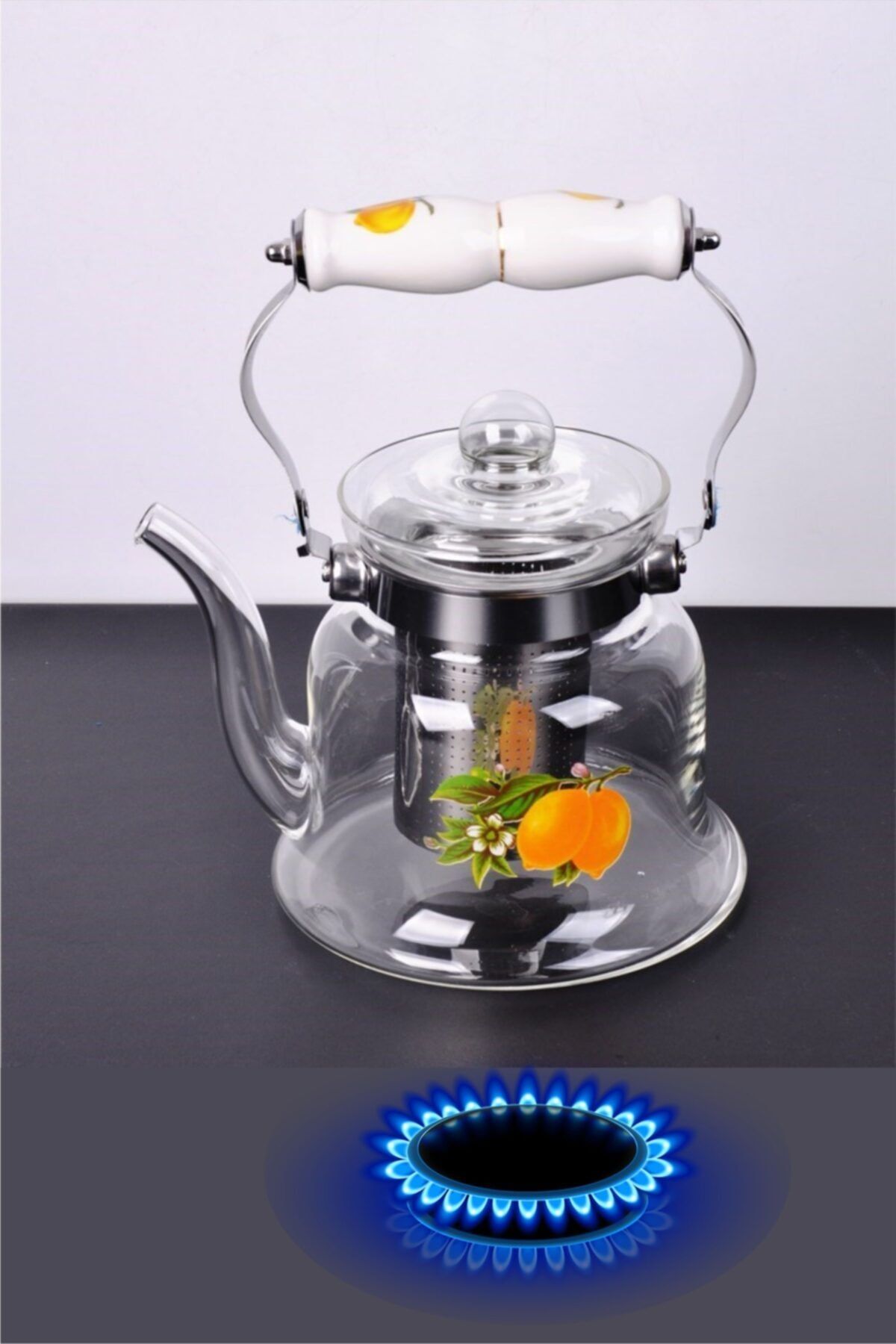 Markao 600 Ml Isıya Dayanıklı Ince Cam ( Borosilikat) Demlik Süzgeçli Porselen Saplı Çaydanlık