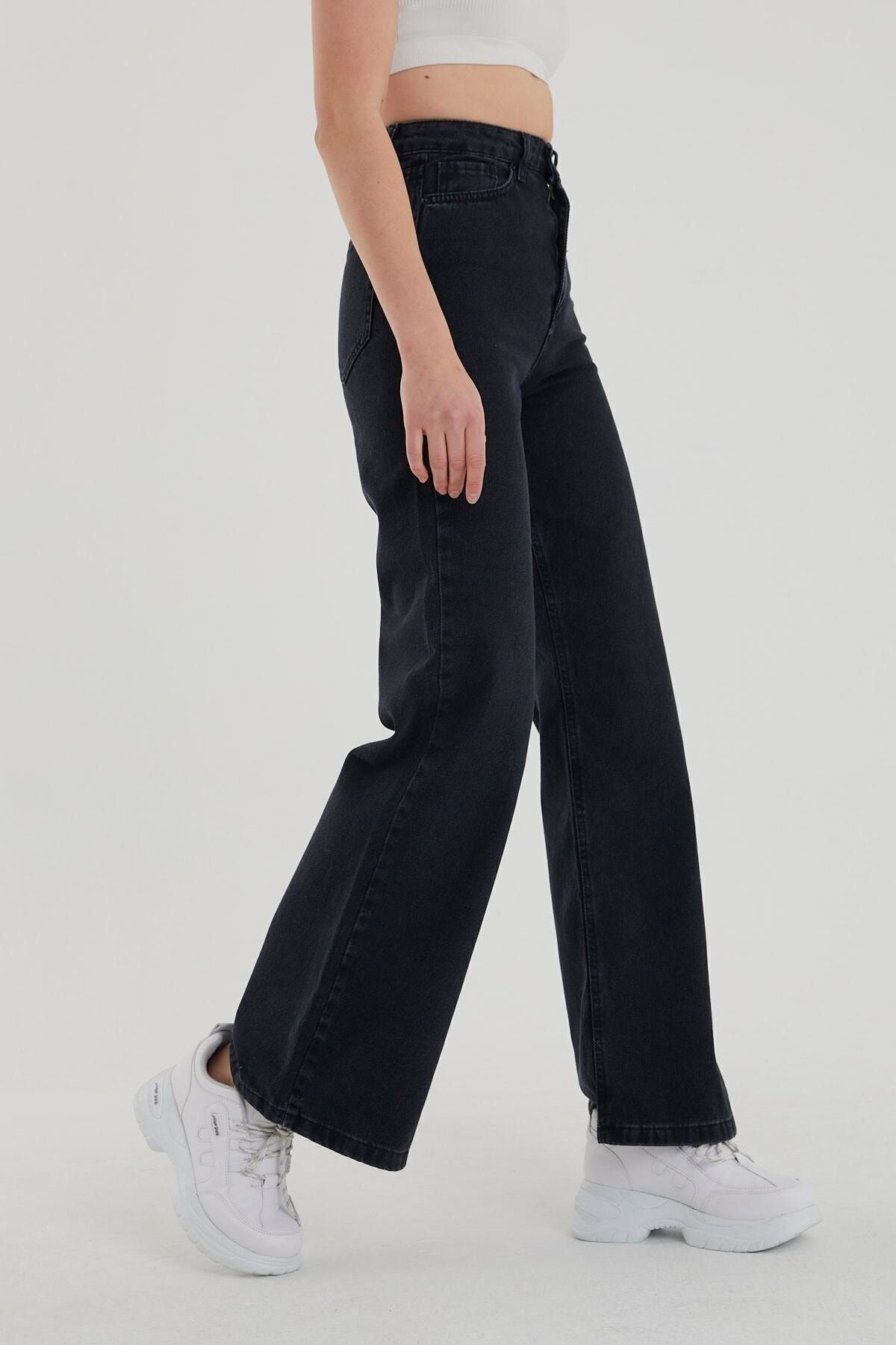 ModaRoll Kadın Siyah Süper Yüksek Bel Bol Paça Jeans - Likralı Wide Leg Kot Pantolon