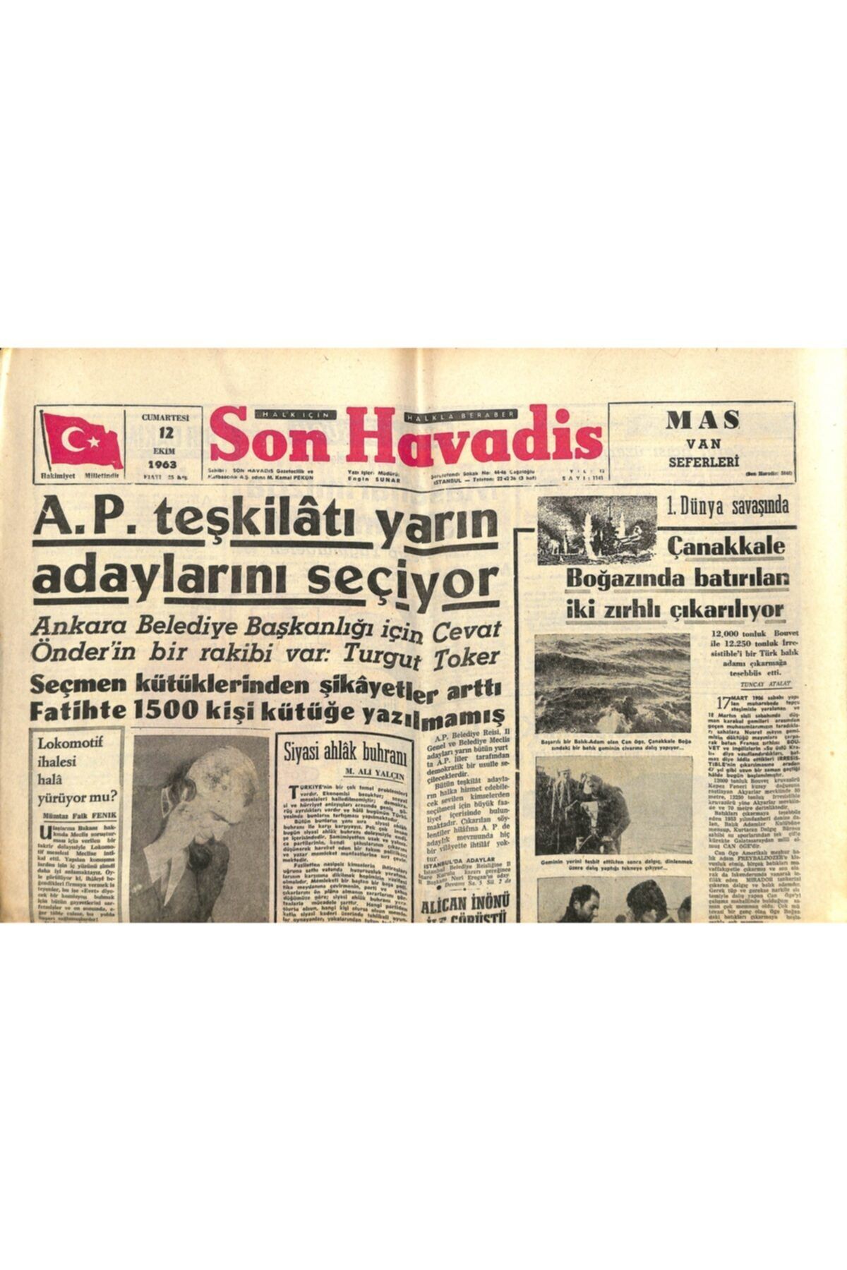Gökçe Koleksiyon Son Havadis Gazetesi 12 Ekim 1963-1.dünya Savaşında Çanakkale Boğazında Batırılan Iki Zırhlı Çıkarıl