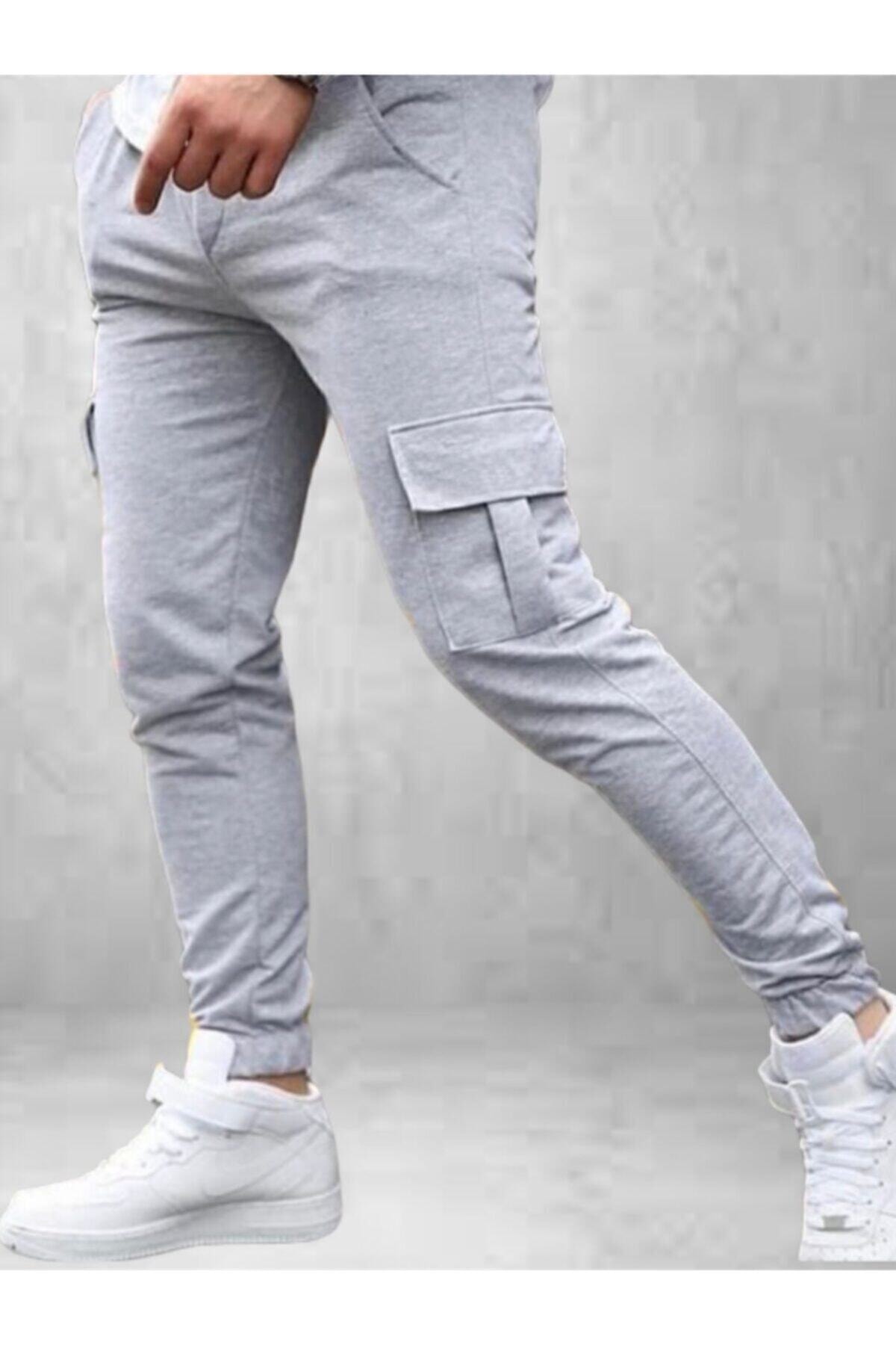 Ydn giyim Erkek Açık Gri Kargo Cep Eşofman Alt Slim Fit
