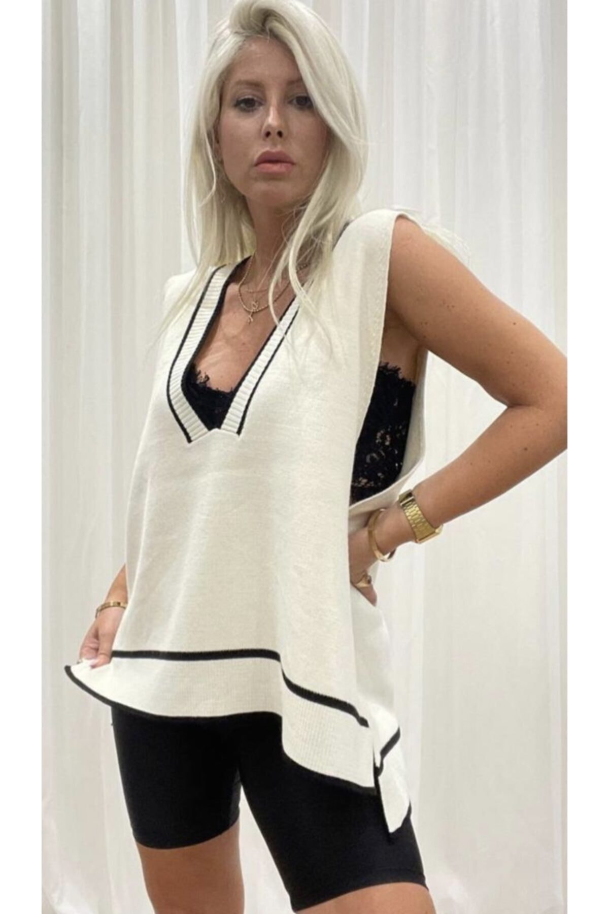 LITTLEMOON Yanı Yırtmaçlı V Yaka Oversize Triko Süveter