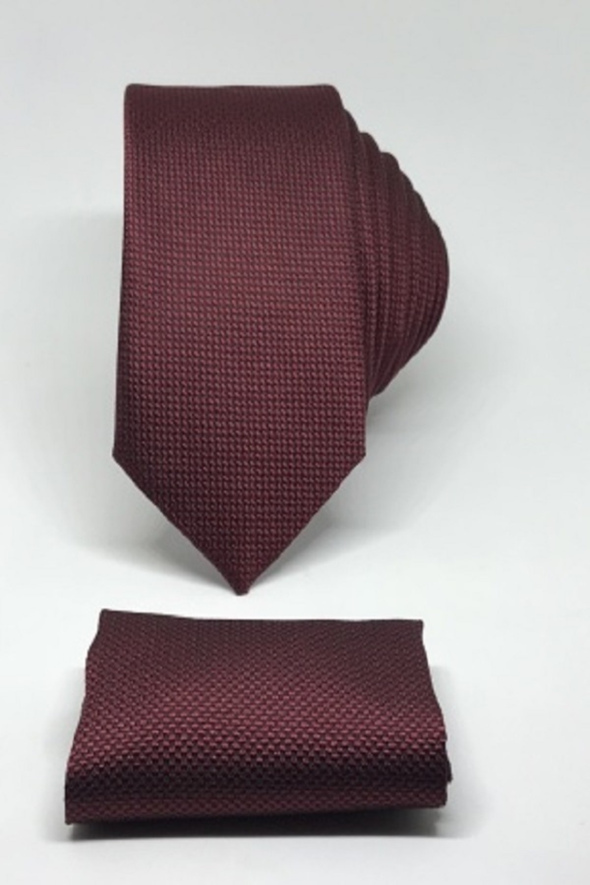 Kravat Gezegeni Bordo Renk Mendilli Slim Fit Oxford Kuş Gözü Desen Kravat