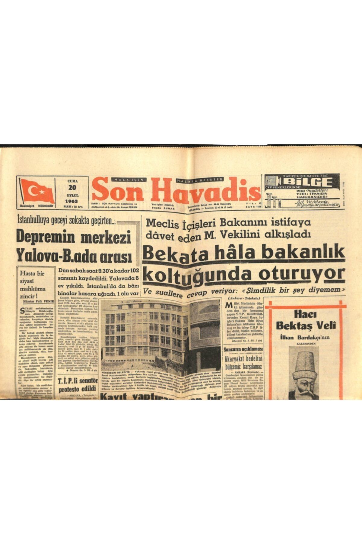 Gökçe Koleksiyon Son Havadis Gazetesi 20 Eylül 1963  Sancarın Açıklaması Akaryakıt Bedelini Bütçemiz Karşılamaz