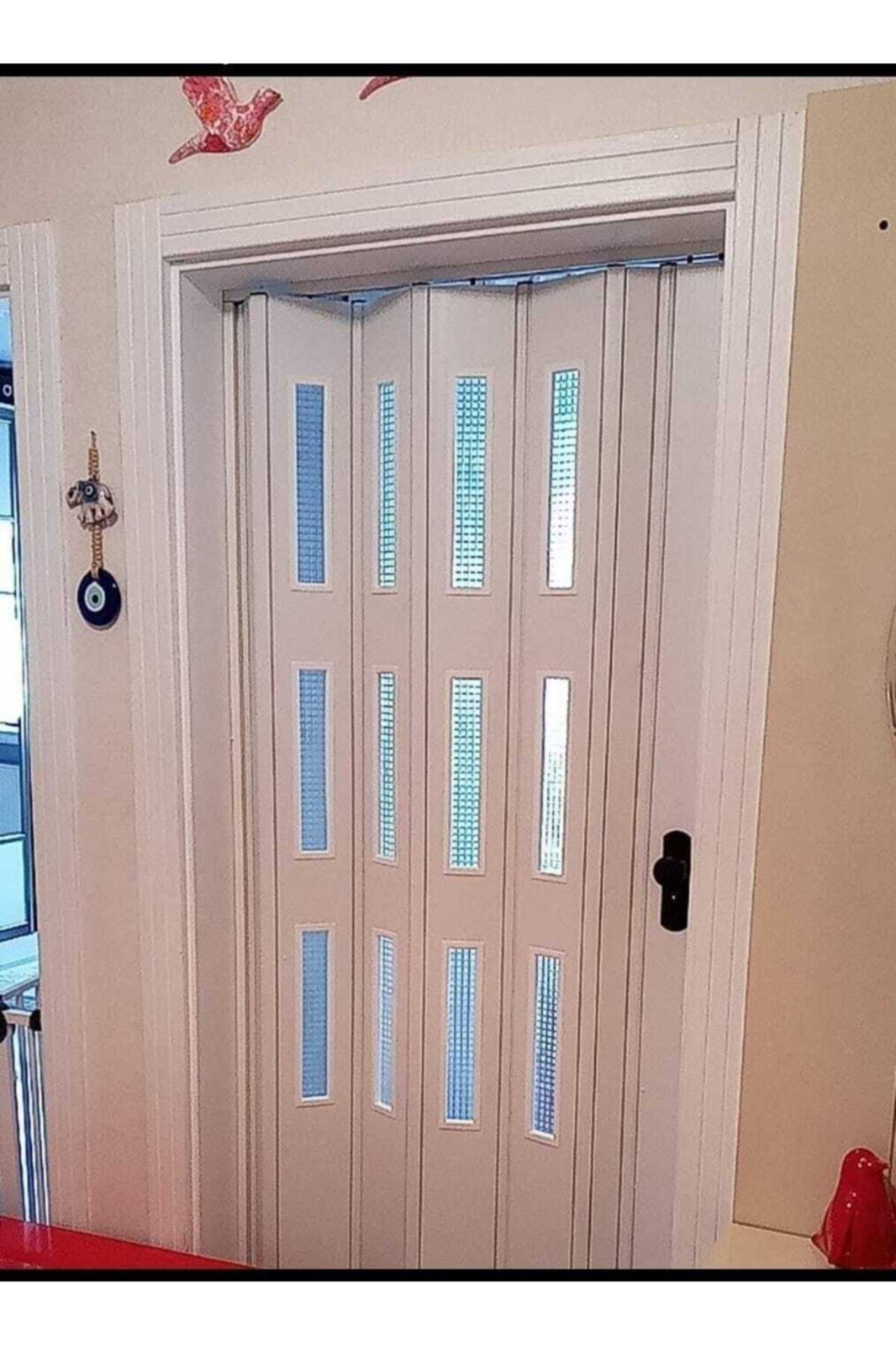 ERİKMANN Akordiyon Kapı 55cm H 215 Pvc Katlanır Beyaz Camlı Kalın Seri