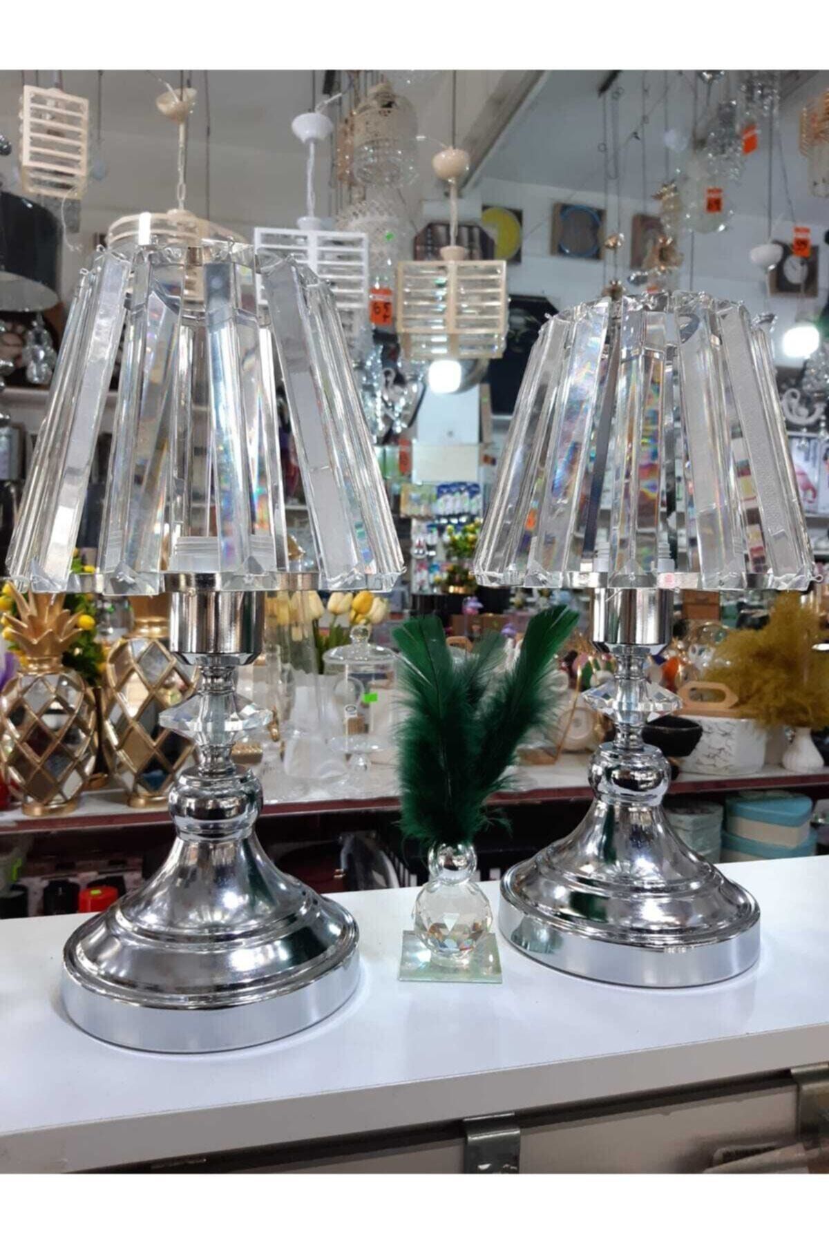 Esence Hediyelik Ikili Gümüş Renk Metal Ayaklı Kristal Taşlı Abajur