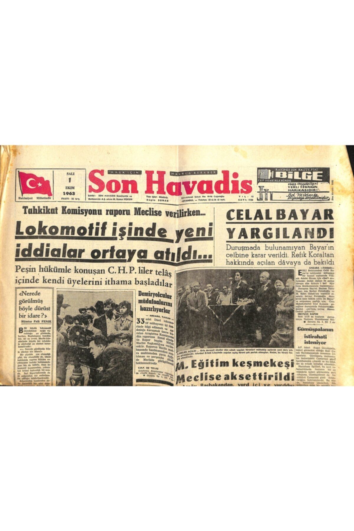 Gökçe Koleksiyon Son Havadis Gazetesi 1 Ekim 1963 İstanbul Gazeteciler Sendikası Kongresi Dün Toplandı