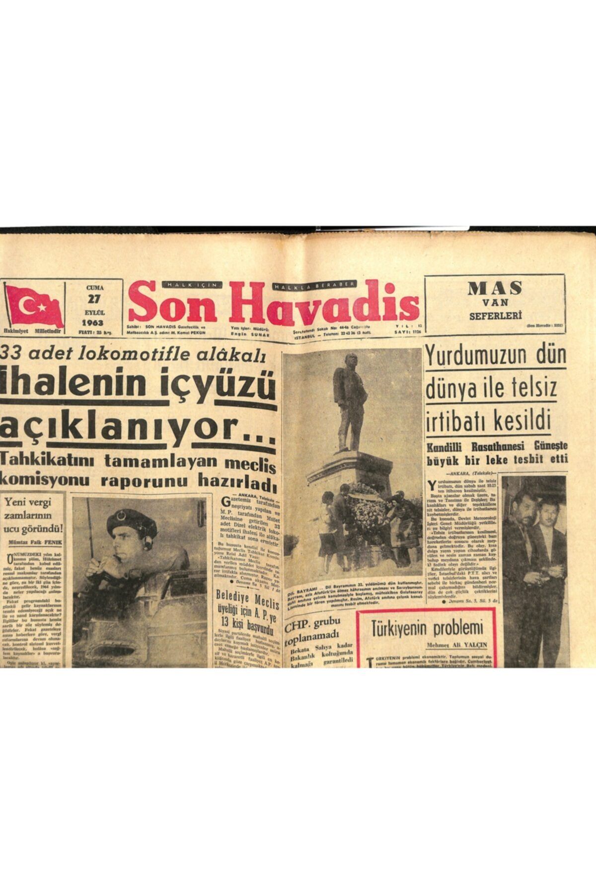 Gökçe Koleksiyon Son Havadis Gazetesi 27 Eylül 1963 - Yurdumuzun Dün Dünya Ile Telsiz Irtibatı Kesildi
