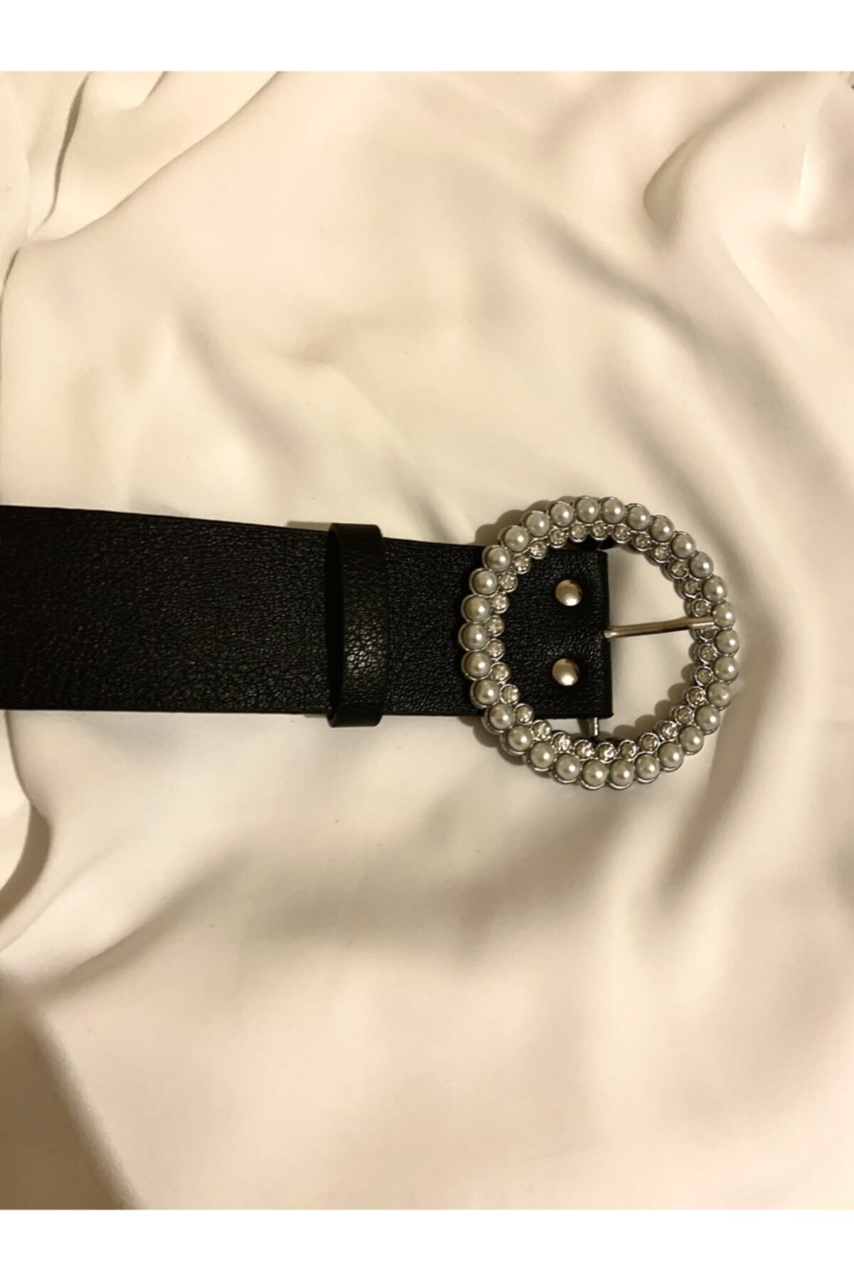 Shiny Pearly Kadın Siyah Inci Tokalı Kemer