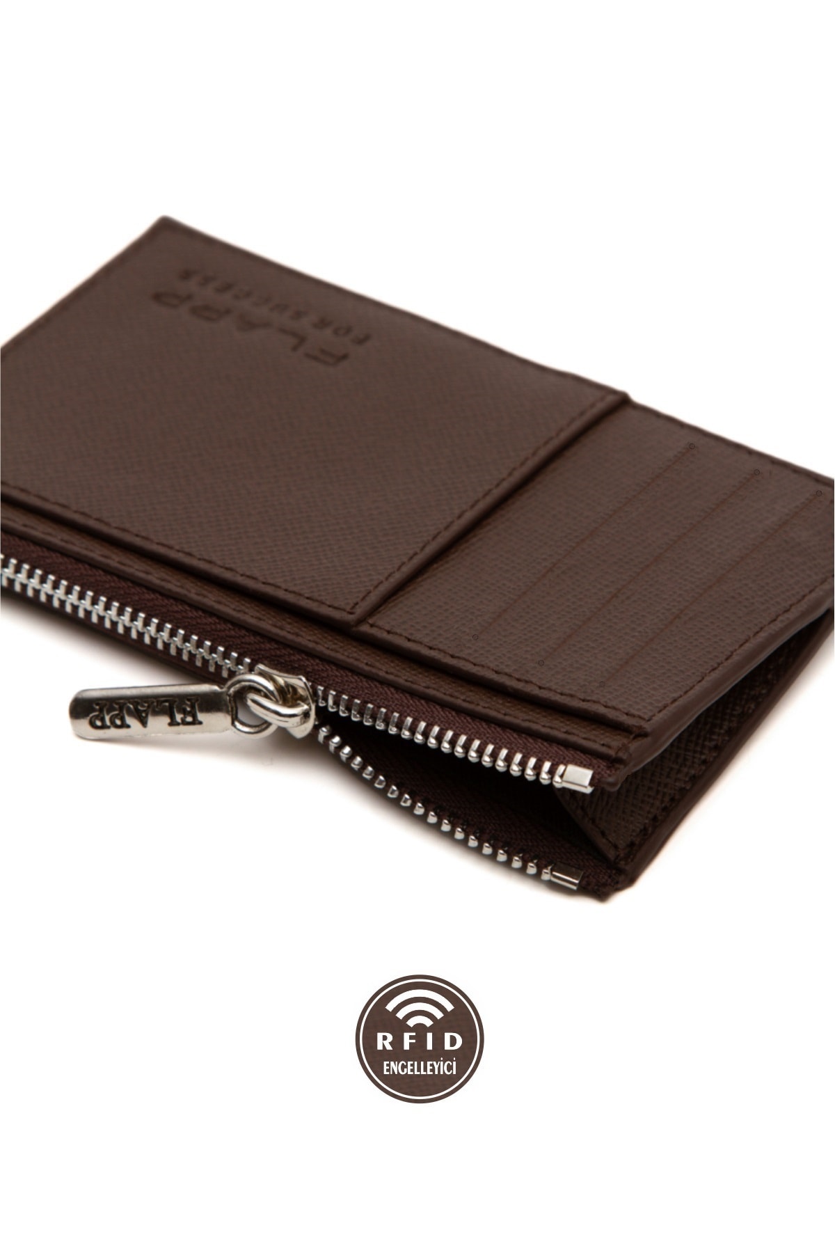 Flapp Hakiki Deri Desenli Kahverengi Rfıd Korumalı Engelleyici Fermuarlı Kadın Çanta Cüzdan
