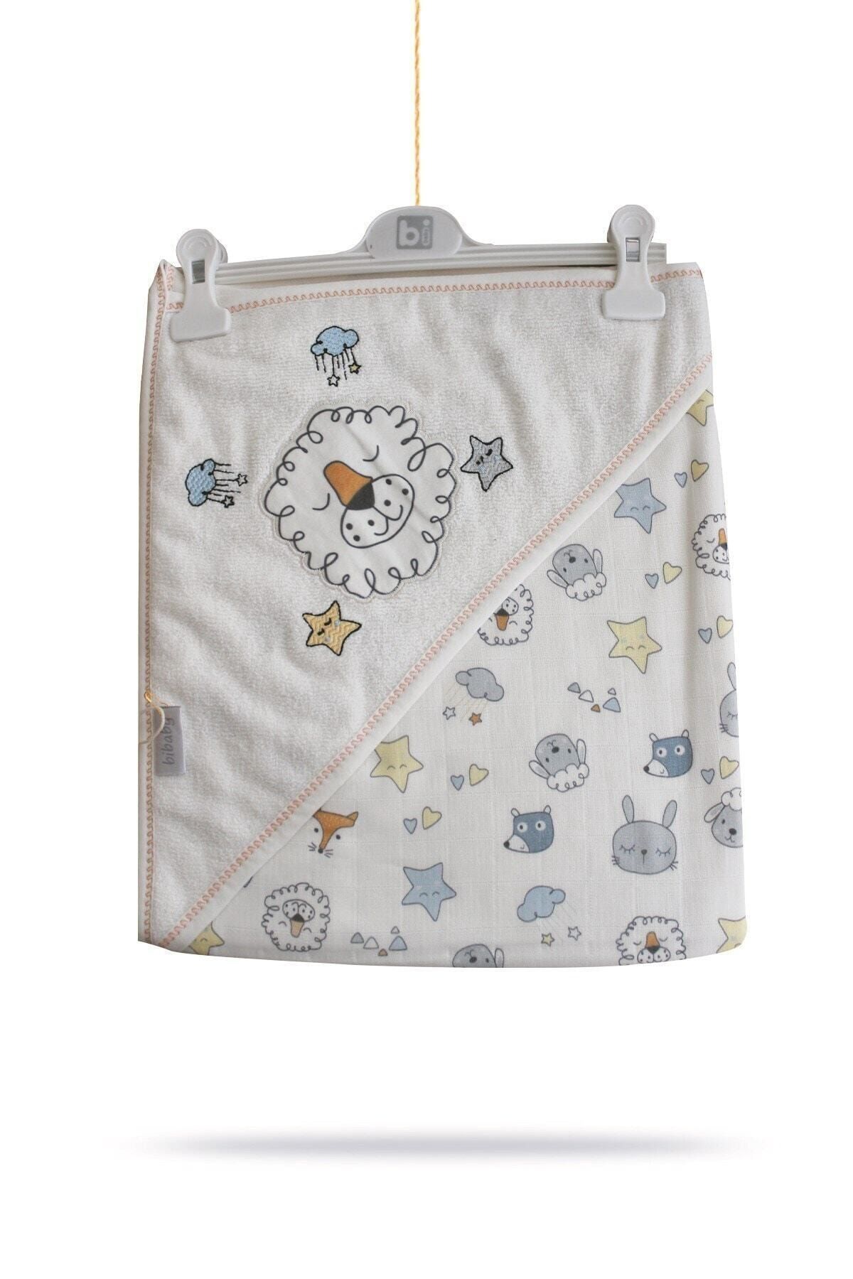 Bibaby Erkek Bebek Animals Desenli Müslinli Duş Havlusu Ekru