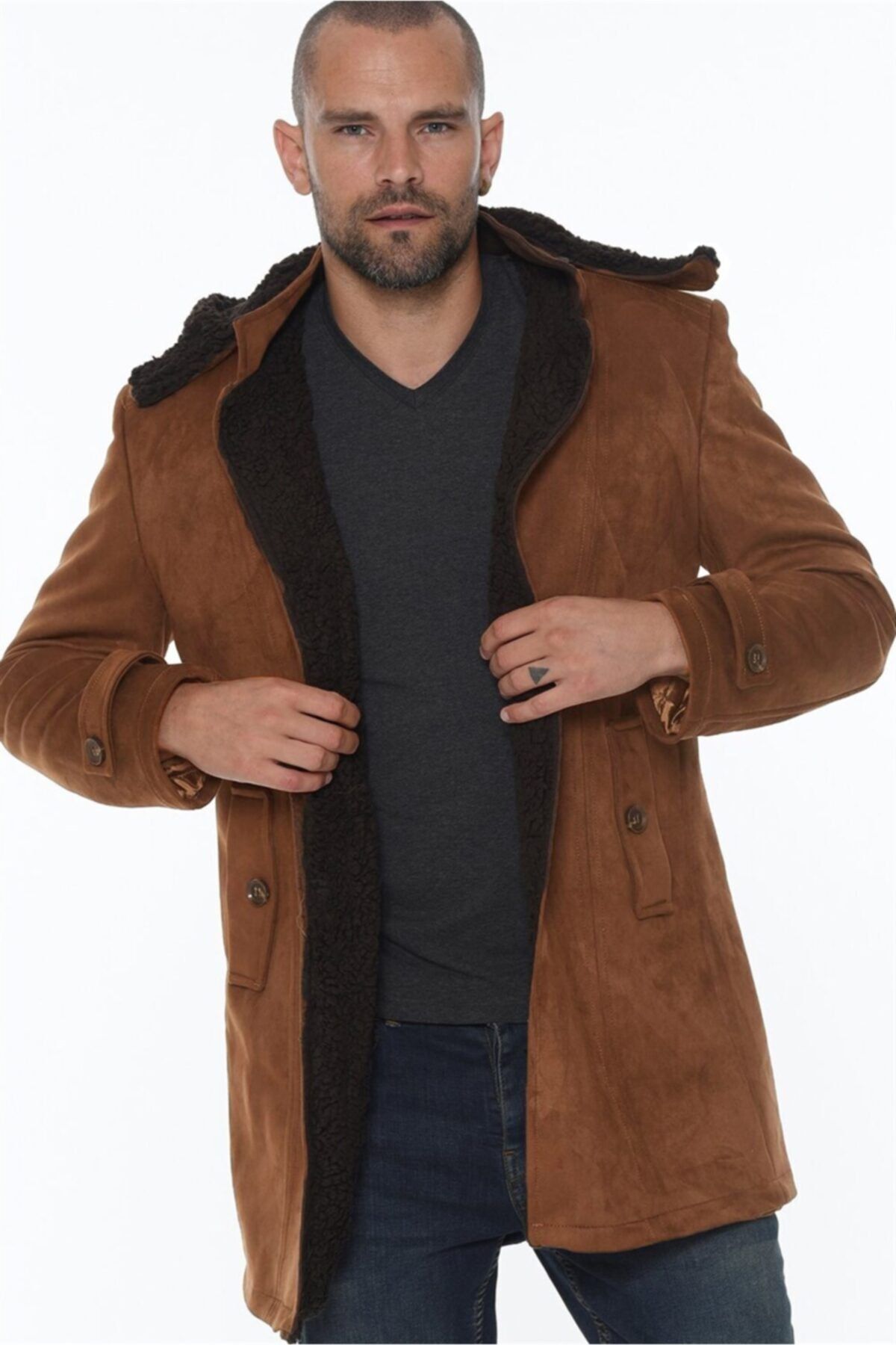 Dewberry Plt8399 Süet Görünümlü Erkek Palto Açık Camel