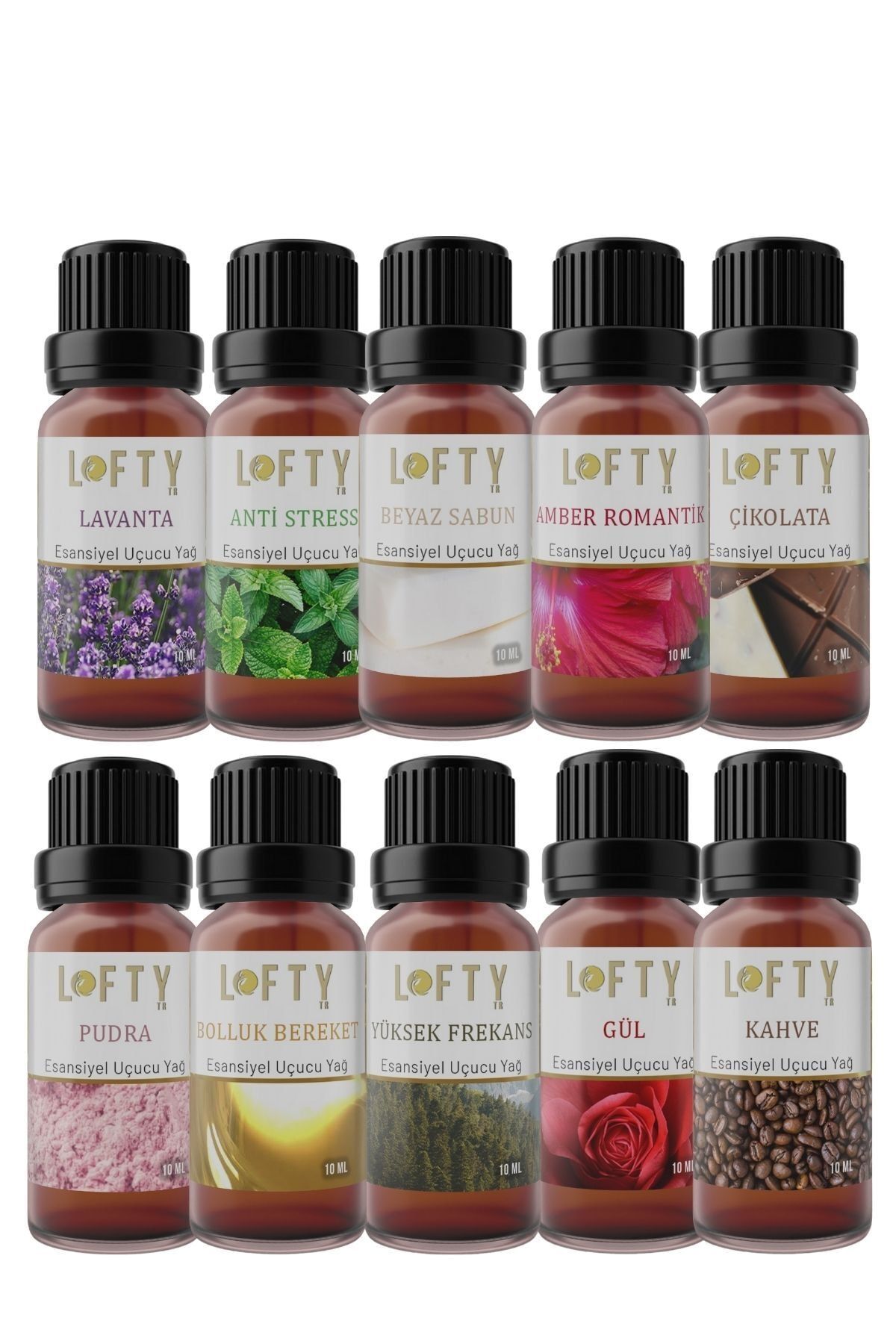 Lofty 10'lu Set Doğal Uçucu Yağ Saf Buhurdanlık Esansı Oda Kokusu Esans Buhur Yağı 10ml