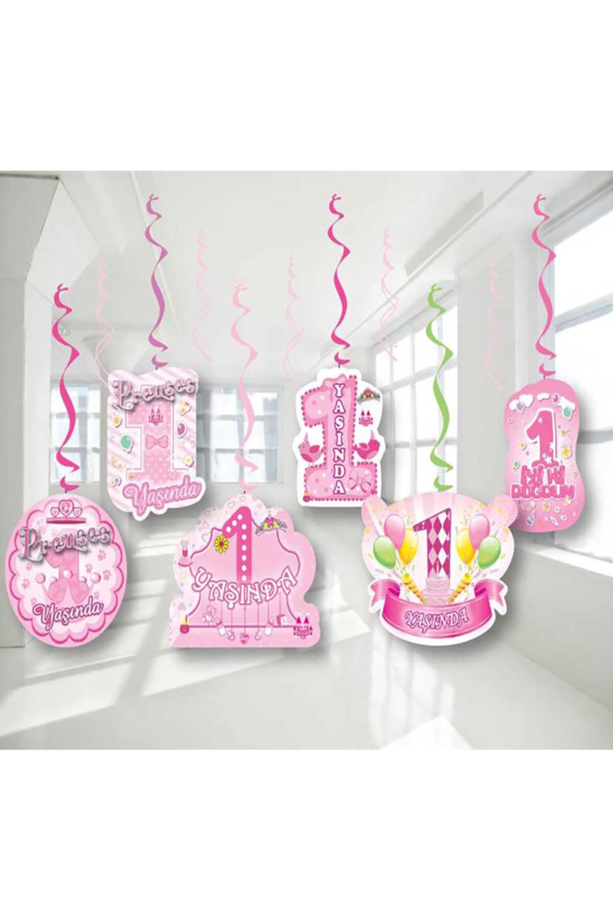 papercraft 1 Yaş Doğum Günü 6'lı Tavan Süsü Pembe