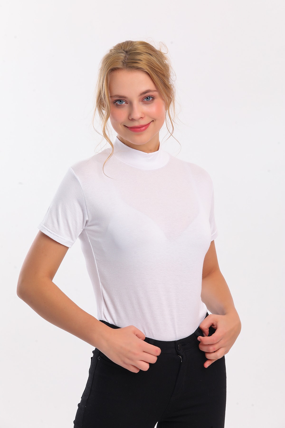 ELVERA COLLECTİON Kadın Beyaz Kısa Kol Balıkçı Yaka T-shirt