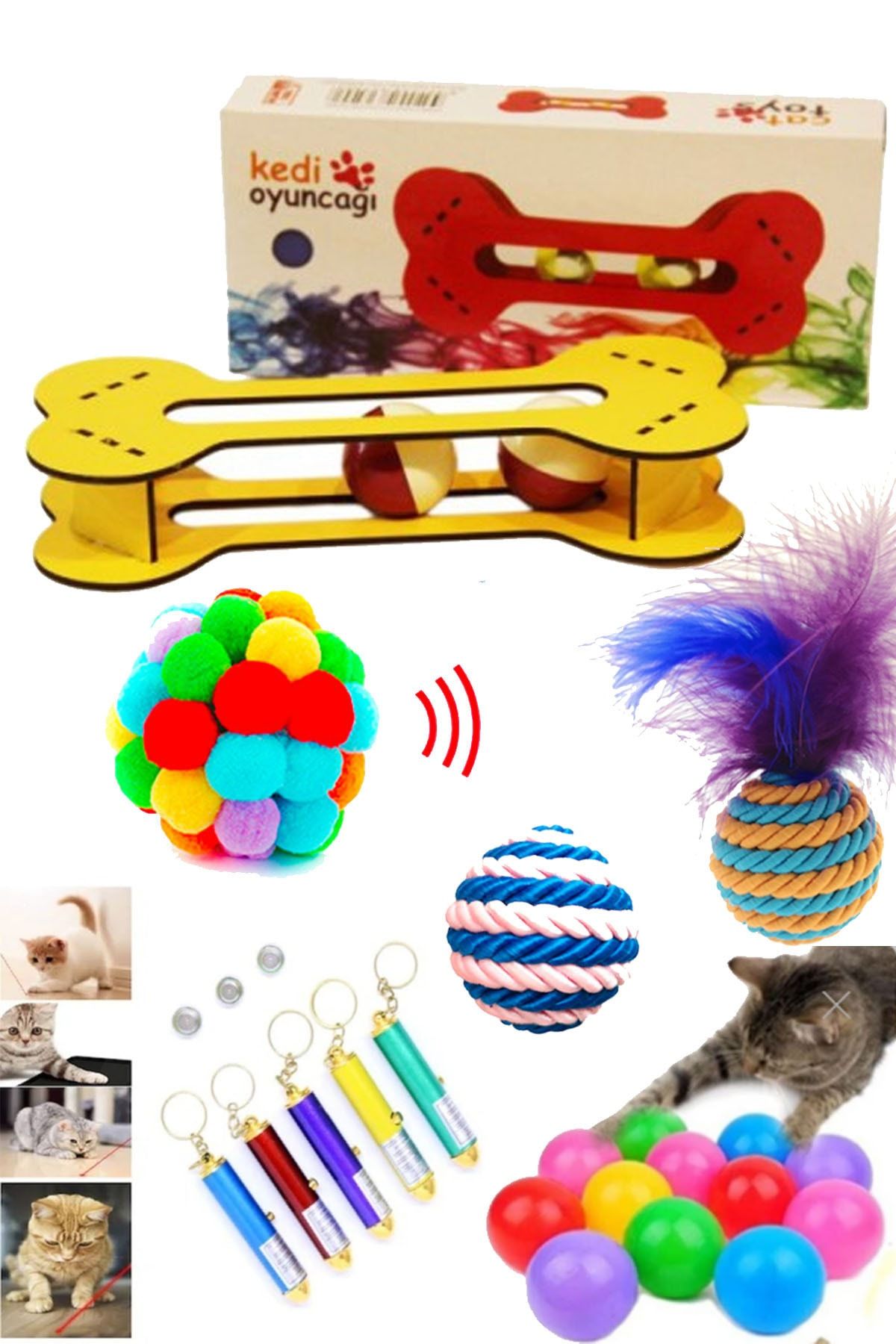 PAMEPAW Kedi Kemik Oyuncak , Kedi Ip Sarma Top ,tüylü Top , Ponpon Top , Lazer ,renkli Top , Kedi Oyun Seti