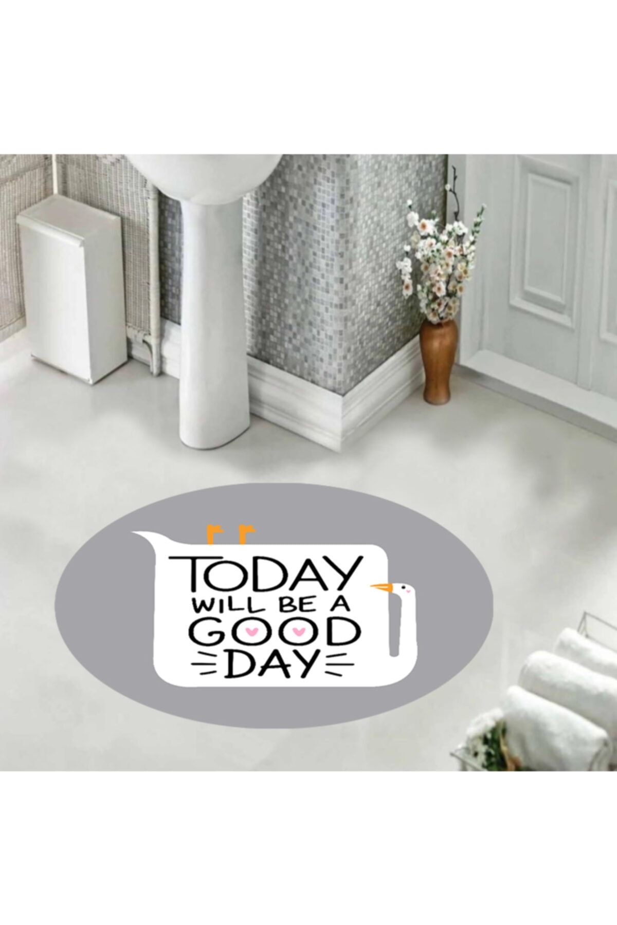 eco concept Banyo Paspası Gri Zeminli Beyaz Ördek Desenli 60 cm x 60 cm Yuvarlak Kaymaz Taban Halı
