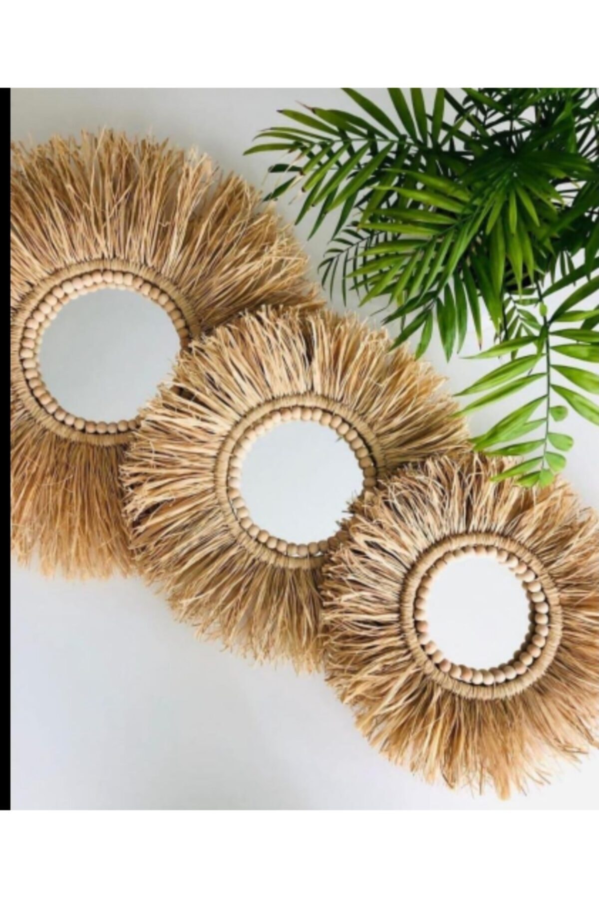 MUJA DEC 3 Lü Rafyalı Aynalı Boncuklu Bohem Dekorasyon