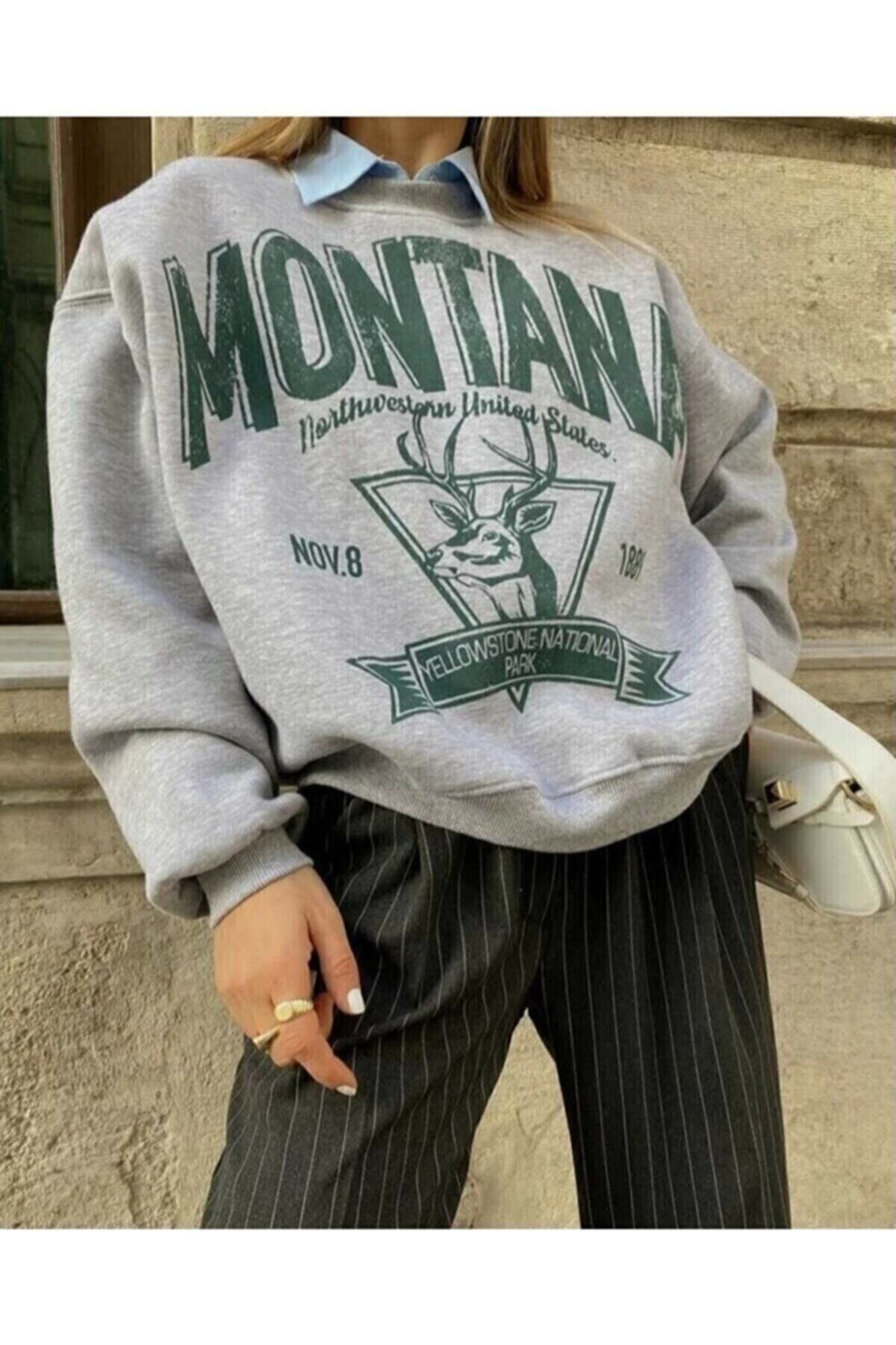 Şans Gri Kadın Montana Baskılı Oversize Sweatshirt Hoodie