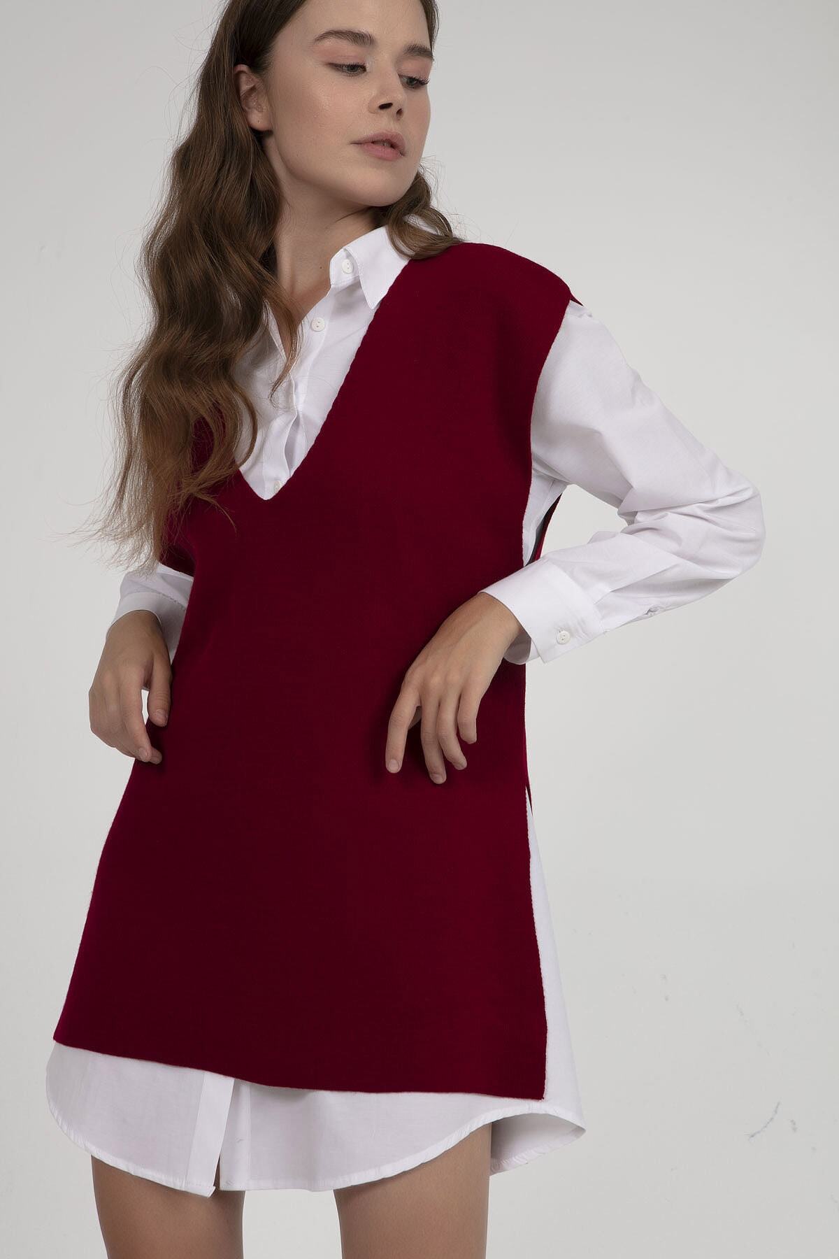 Pattaya Kadın Bordo V Yaka Kuşaklı Triko Süveter P21w110-00564