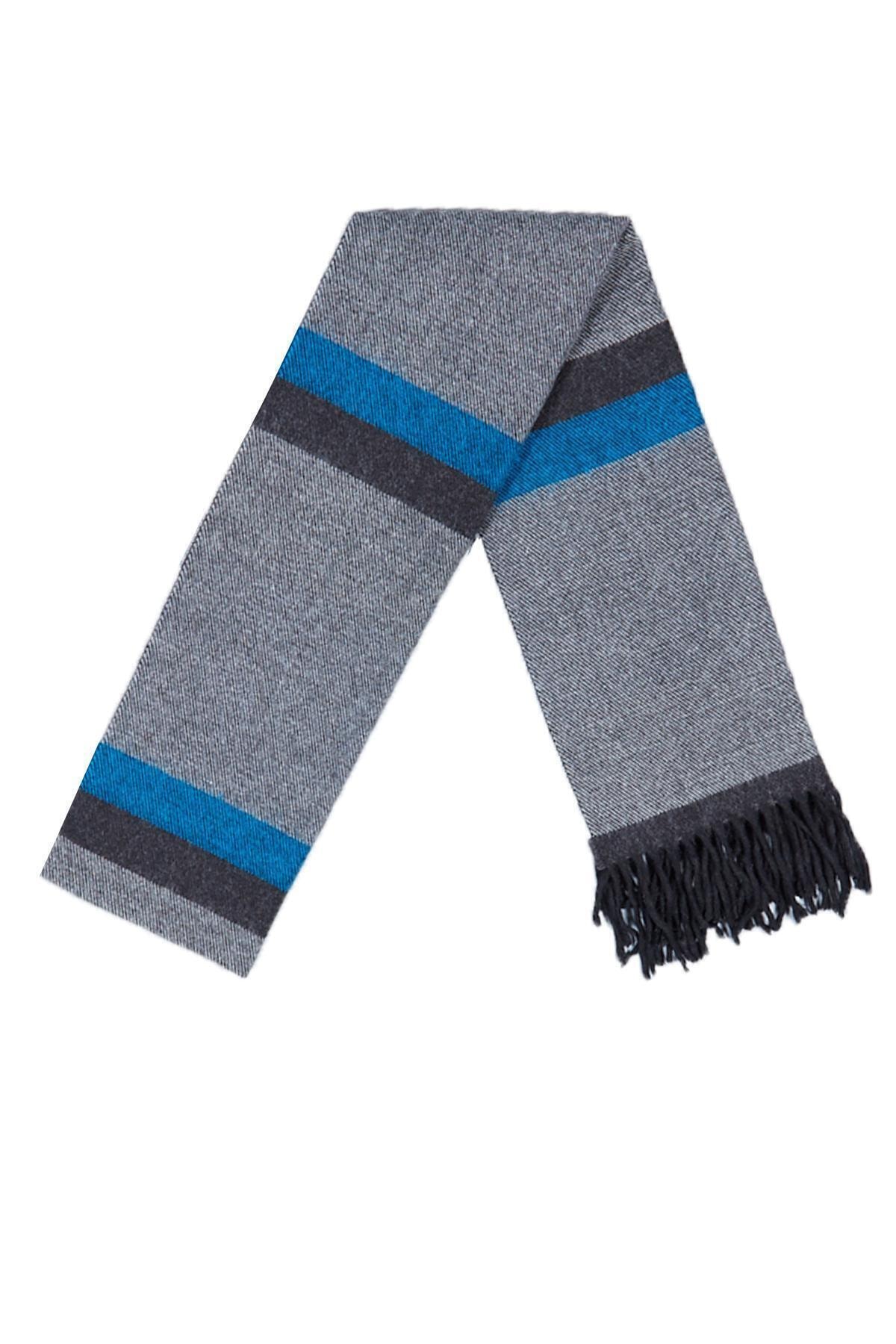 Suyutti Erkek Mavi Dokuma Renk Bloklu Püsküllü Atkı