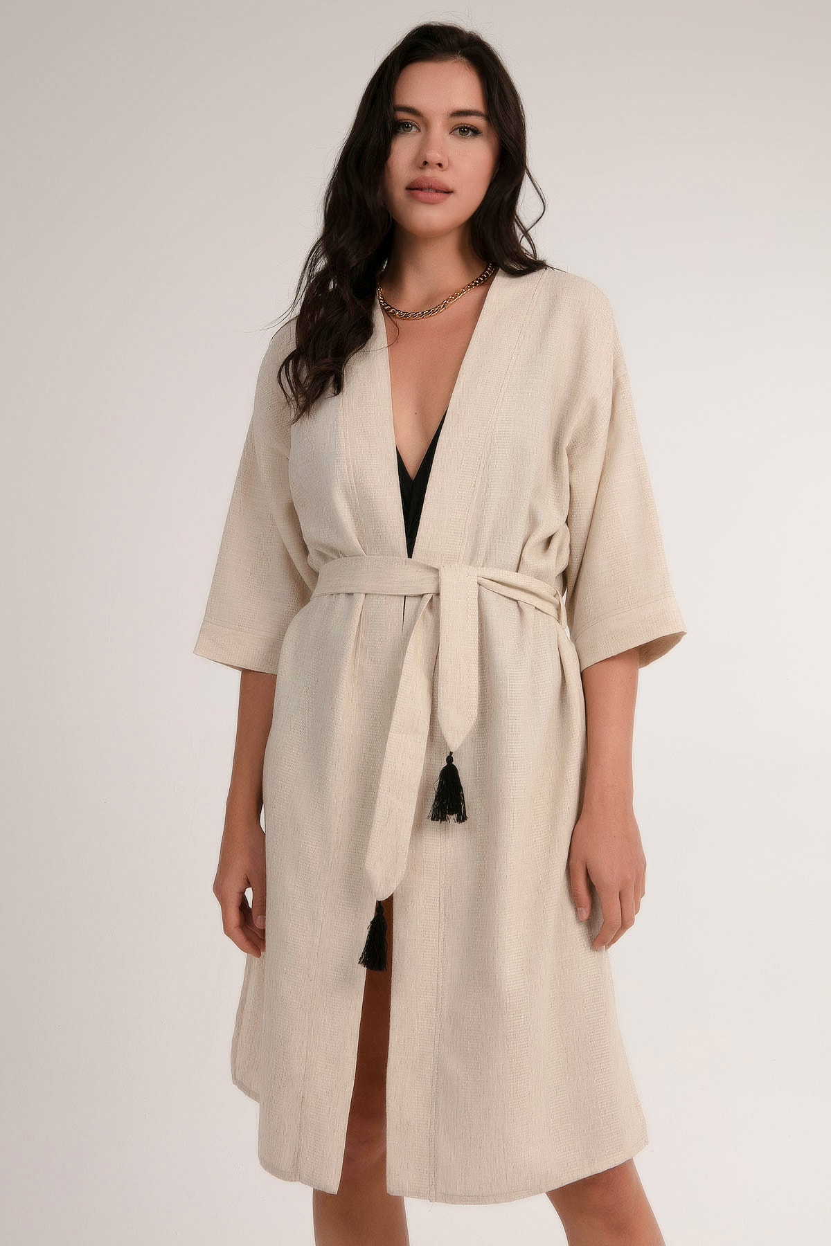 Pattaya Kadın Palmiye Nakışlı Kuşaklı Kimono P21s201-2691