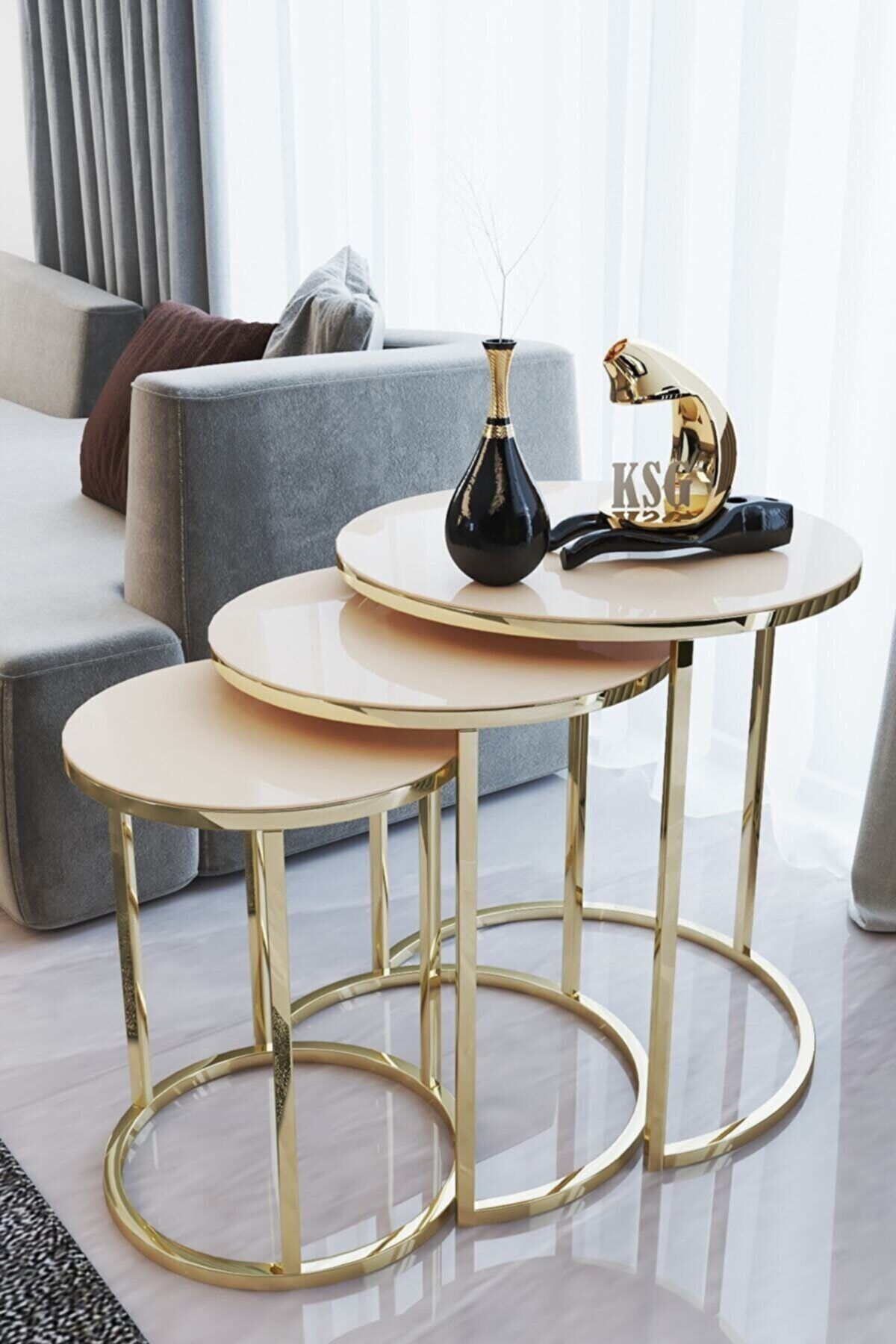 HOMEBELLA Kapuçino Cam Kırılmaz Temperli Zigon Sehpa Gold Üreticiden Salon Mutfak Masa