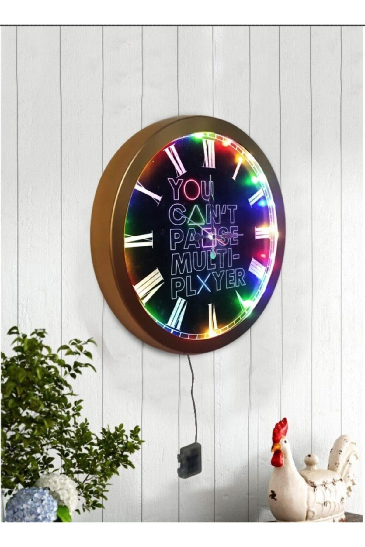 Bahat Led Işıklı Altın Gold Salon Ofis Duvar Saati Gece Lambası Aplik 36 Cm