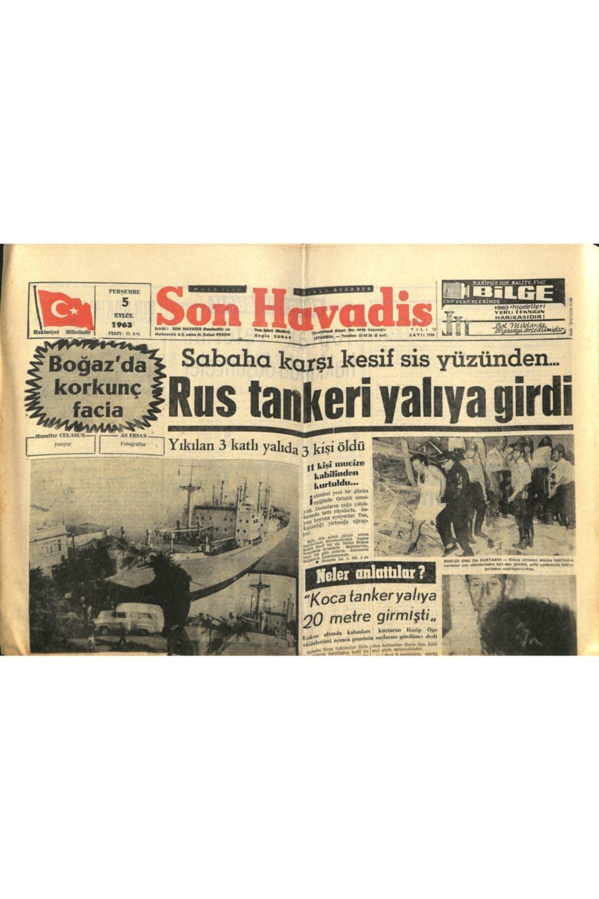 Gökçe Koleksiyon Son Havadis Gazetesi 5 Eylül 1963 - Mamak'ta Karar Günü - Sarıyer'de Büyük Bir Yangın Oldu