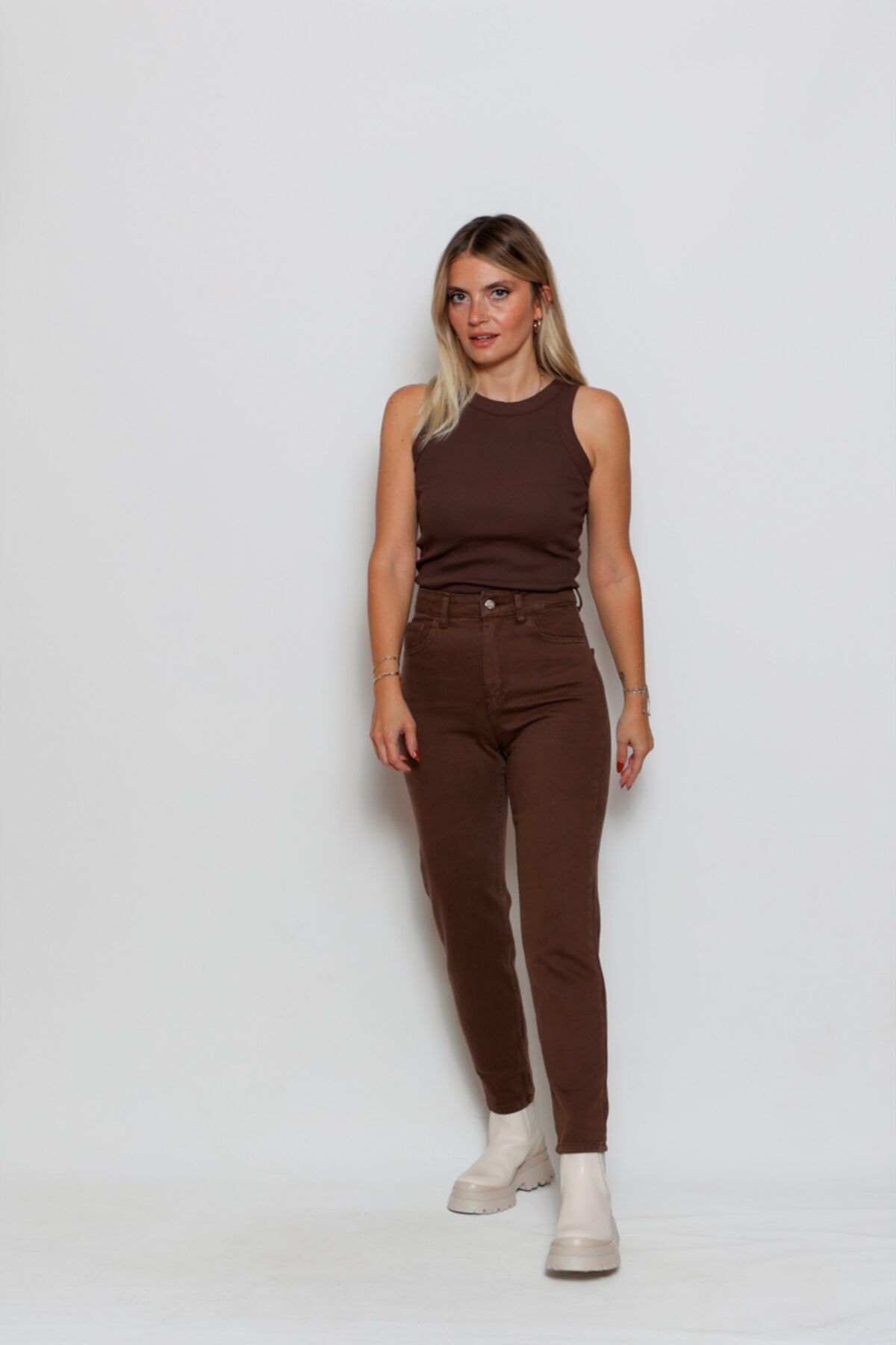 Pop Bun Kadın Kahverengi Yüksek Bel Basic Mom Jean