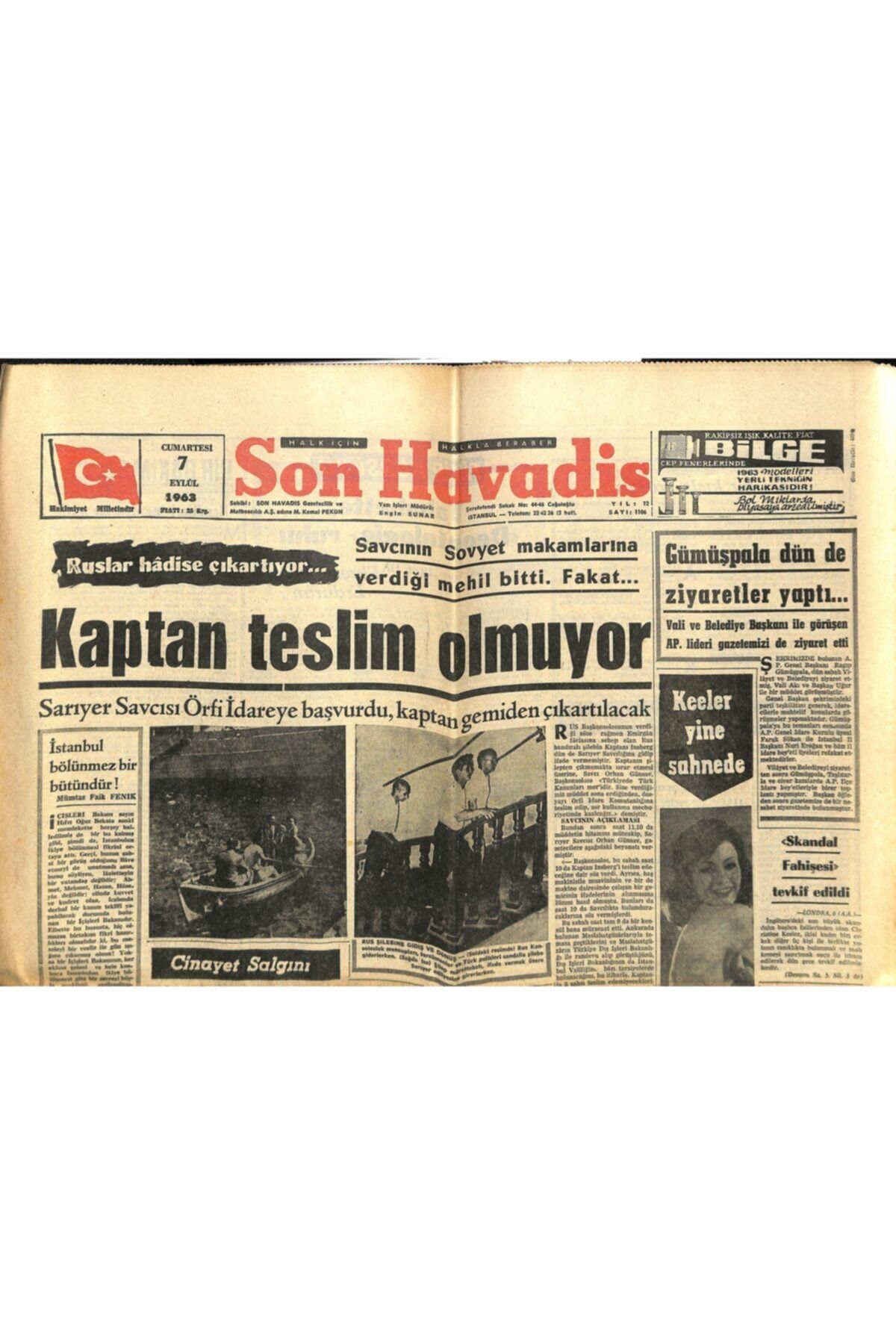 Gökçe Koleksiyon Son Havadis Gazetesi 7 Eylül 1963