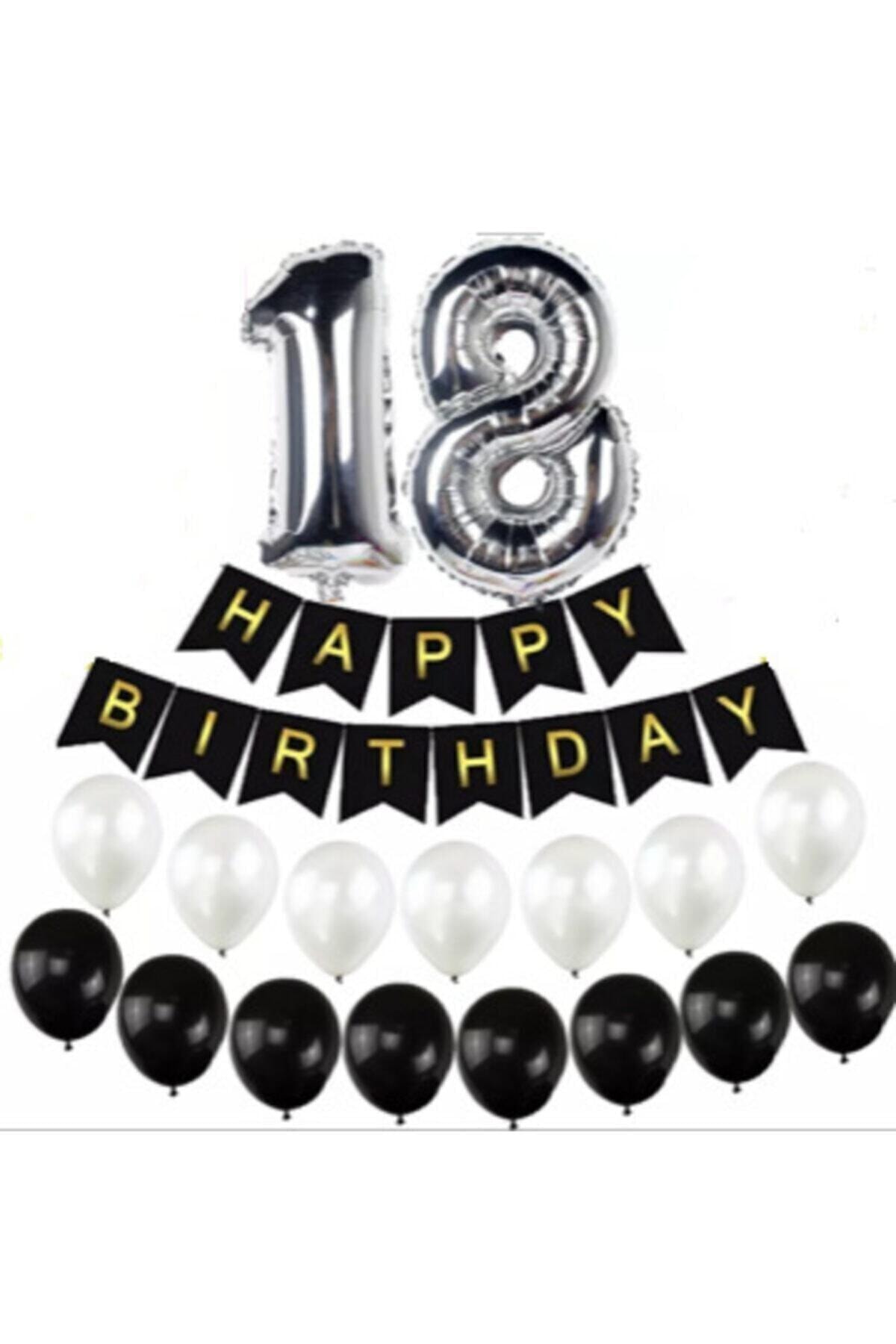 Deniz Party Store 18 Yaş Gümüş Folyo Balon Happy Bırthday Banner Yazı Seti Balonlu