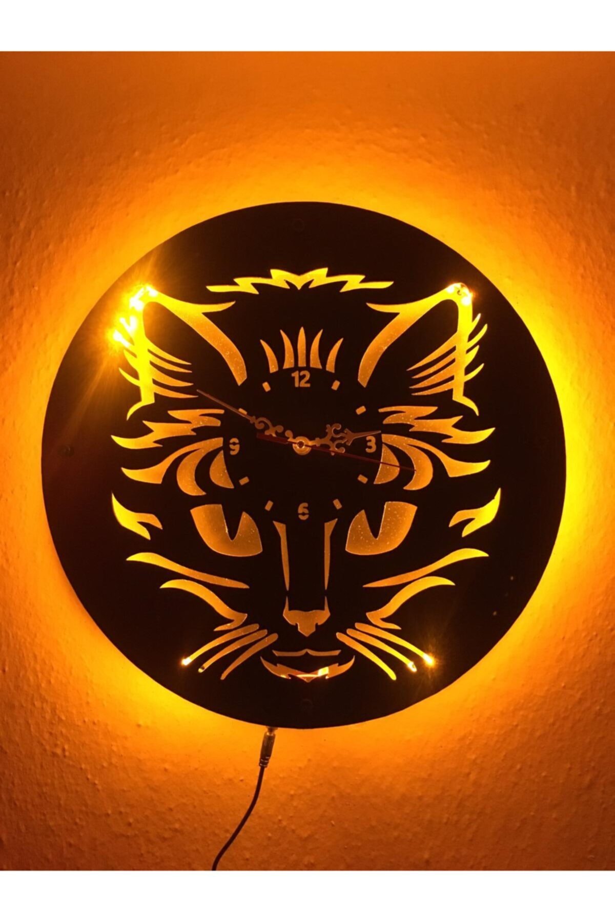 tasarlayaptir Led Işıklı Ahşap Kedi Saat Duvar Saati Lazer Kesim Siyah