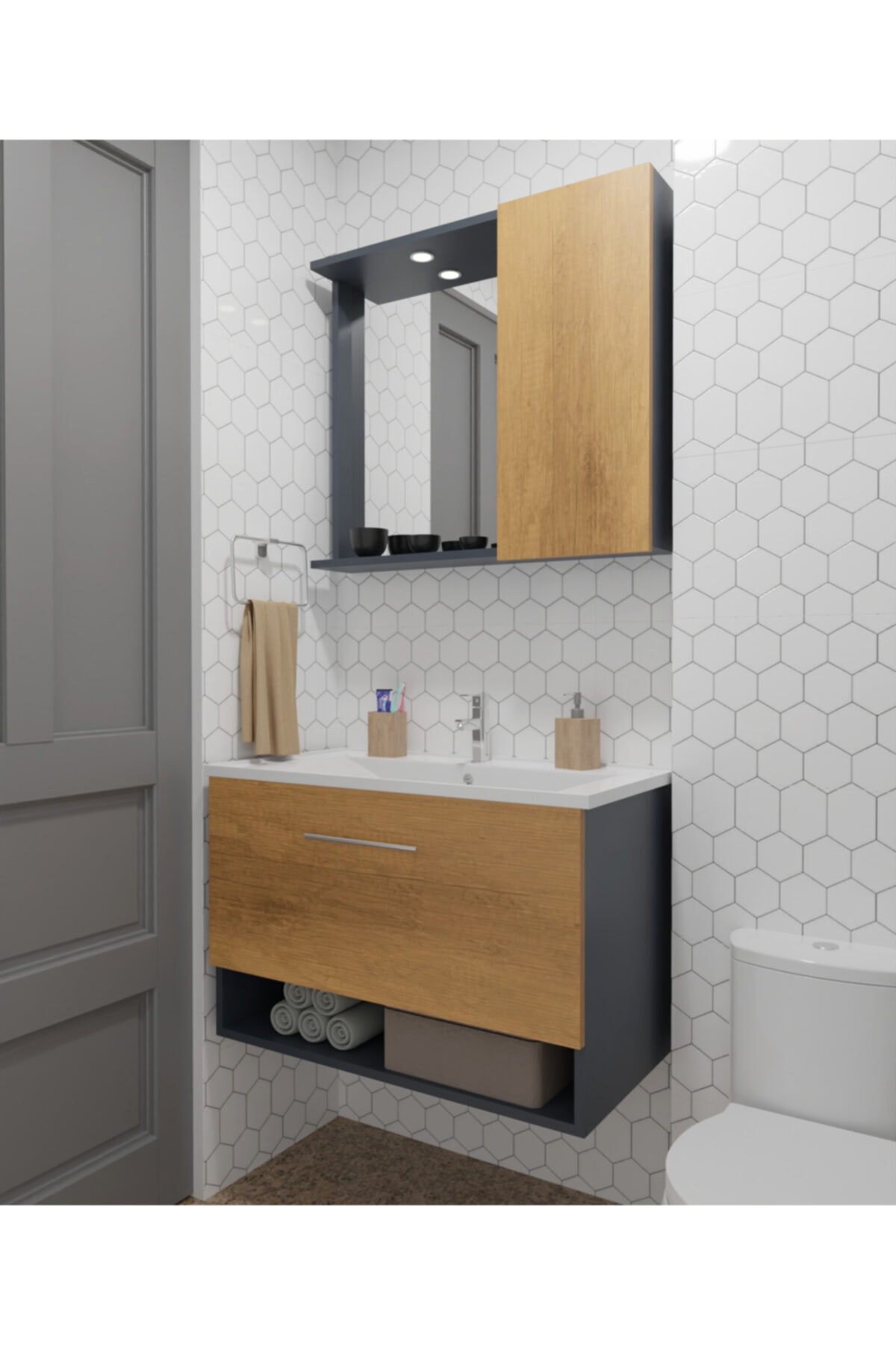 Diversi Design Olimpos Banyo Dolabı Alt Üst Set Petra 60 Cm