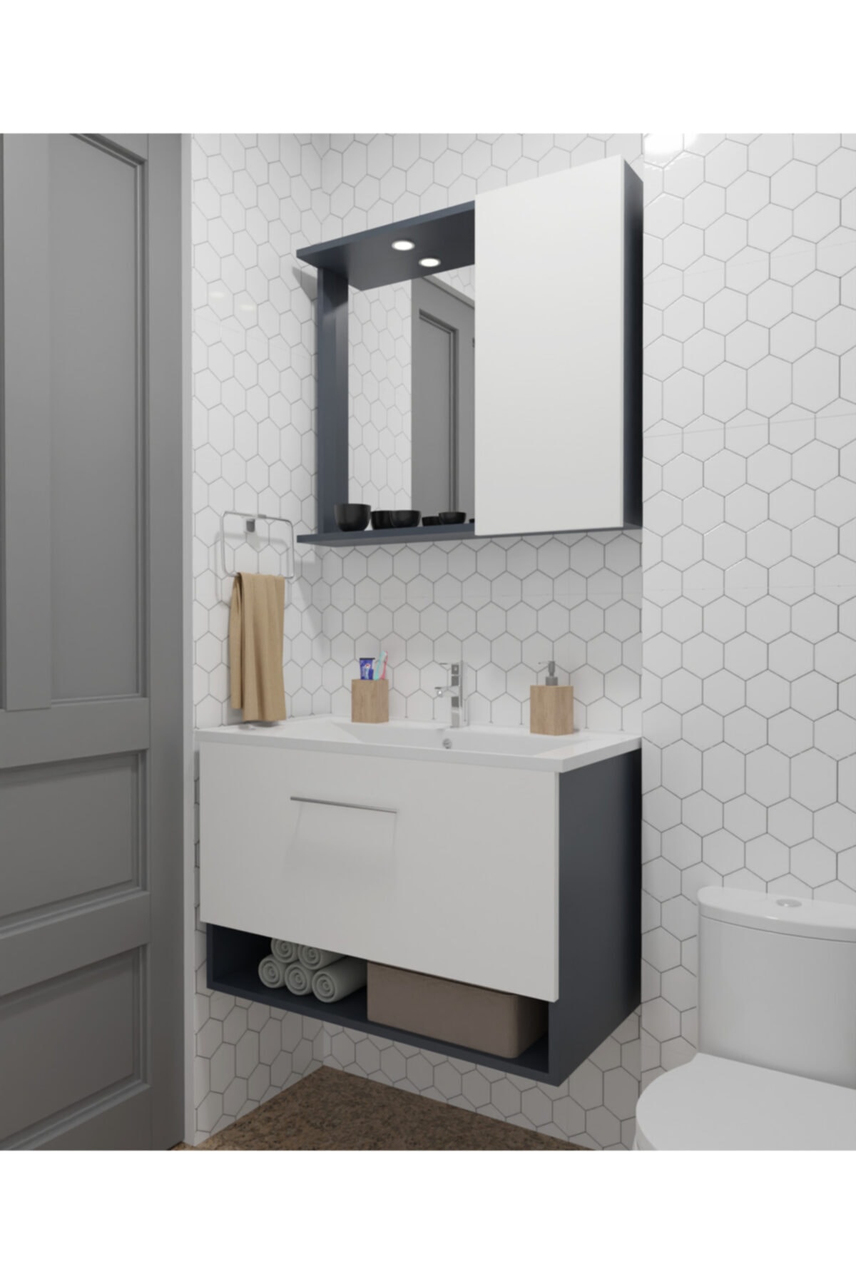 Diversi Design Olimpos Banyo Dolabı Alt Üst Set Beyaz 60 Cm