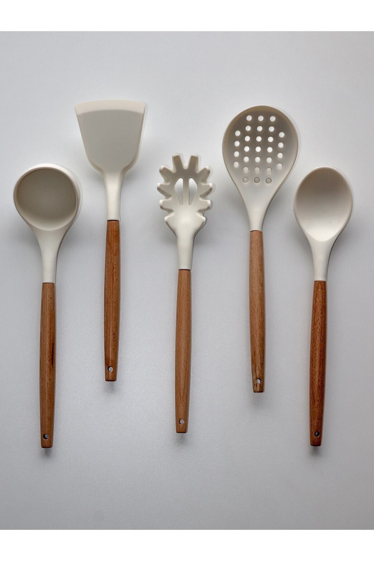 Rimmi Beyaz Çizmez Silikon 5 Parça Kevgir, Kepçe, Kaşık, Makarna Ve Salata Kaşığı, Spatula 5'li Set