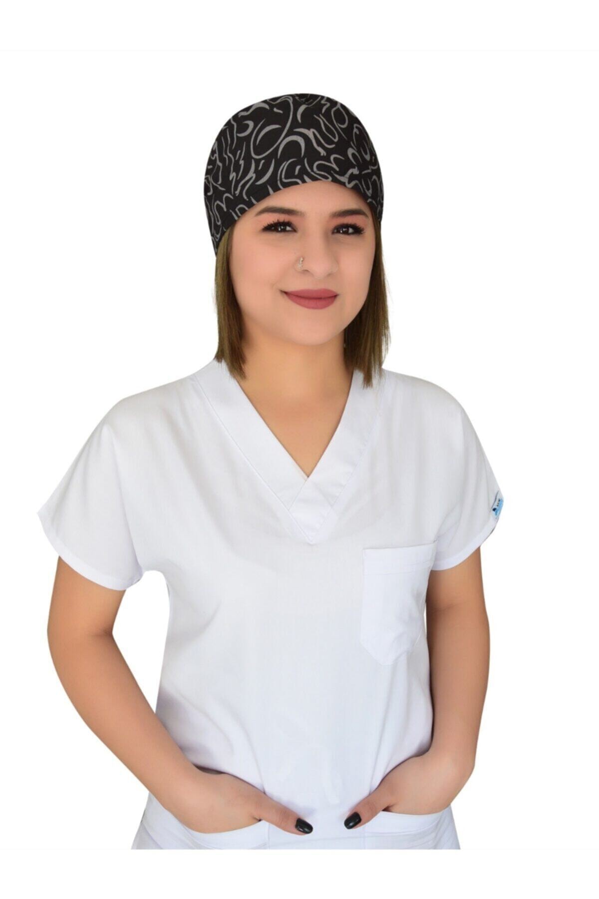 Nur Ortopedi Siyah Desenli Doktor Hemşire Aşçı Cerrahi Bonesi