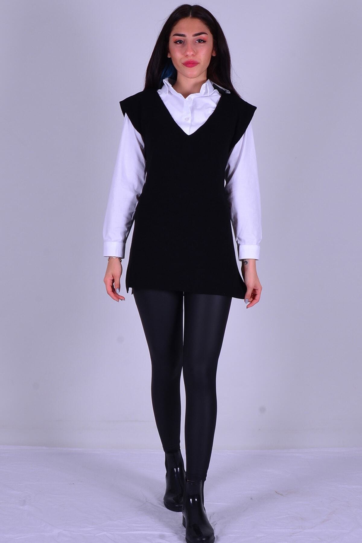 PATISHKA Kadın Siyah V Yaka Kuşaklı Uzun Triko Süveter