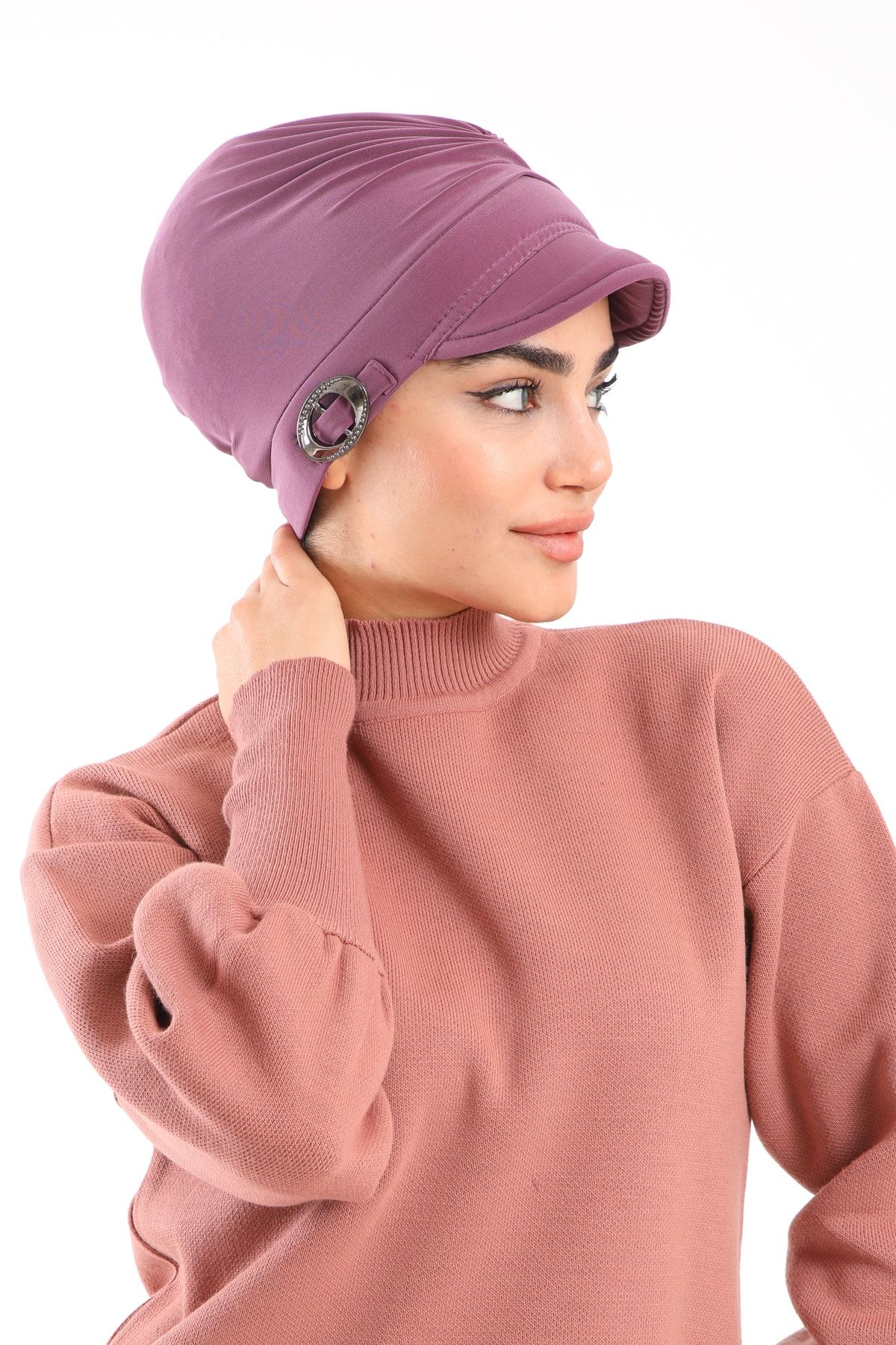 LadyColor Kadın Tesettür Bone Tokalı Şapkalı Menekşe