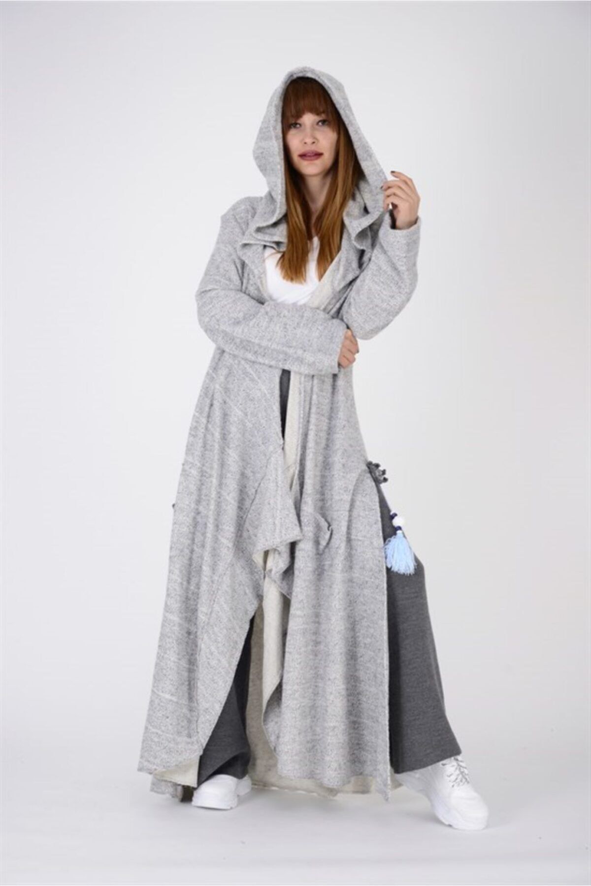 Up Shop Kadın Gri Cadı Kapüşonlu Kaftan Hırka