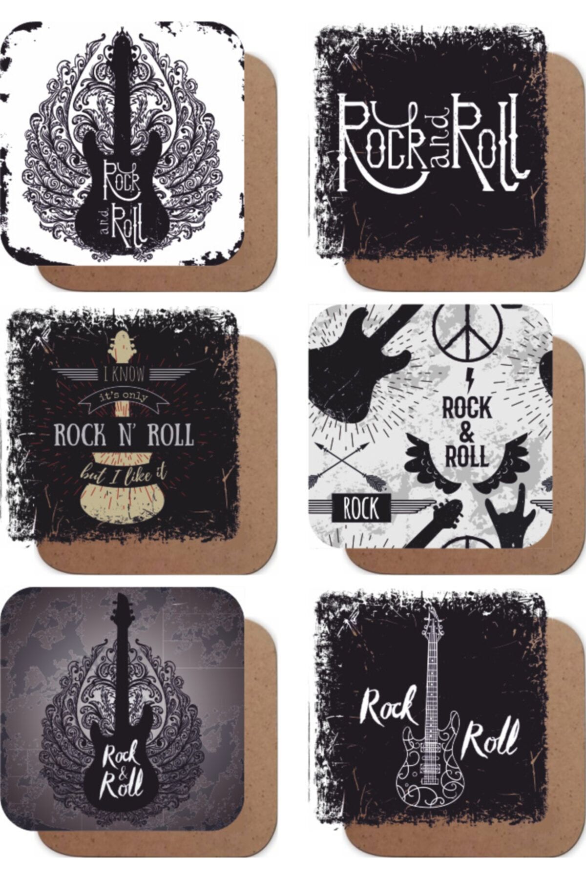 Hayat Poster Rock Müzik Gitar Temalı Retro 6lı Ahşap Bardak Atlığı Seti