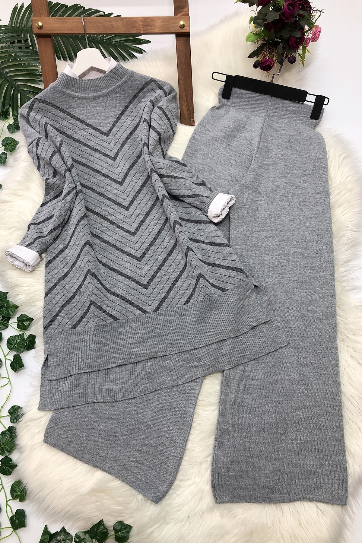 MODAQU Simli Triko Tunik Pantolon Takım - Gri