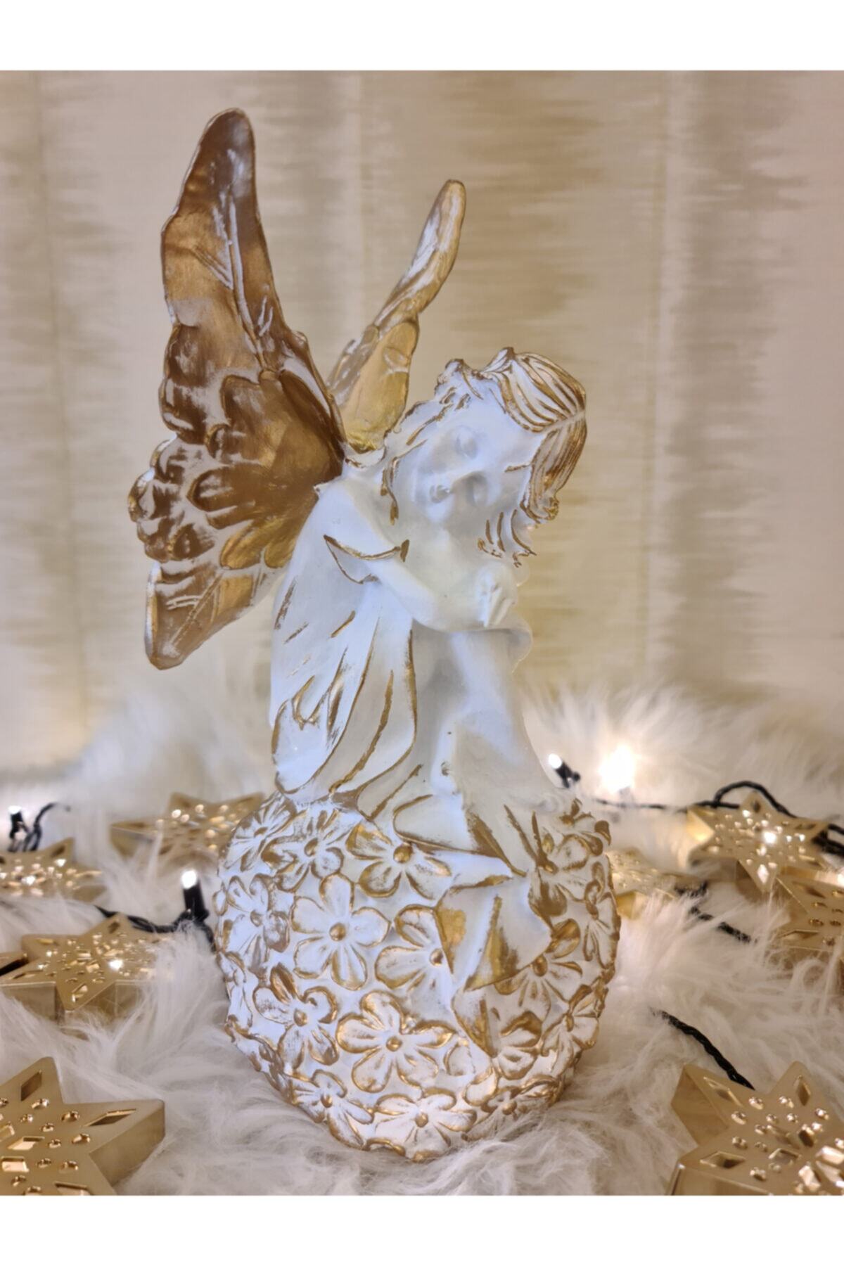 Ella's Design Studio Çiçek Küreli Melek Biblo Beyaz Gold, Melek Biblo, Çiçekli Melek Heykel, Sevgililer Günü Hediyesi