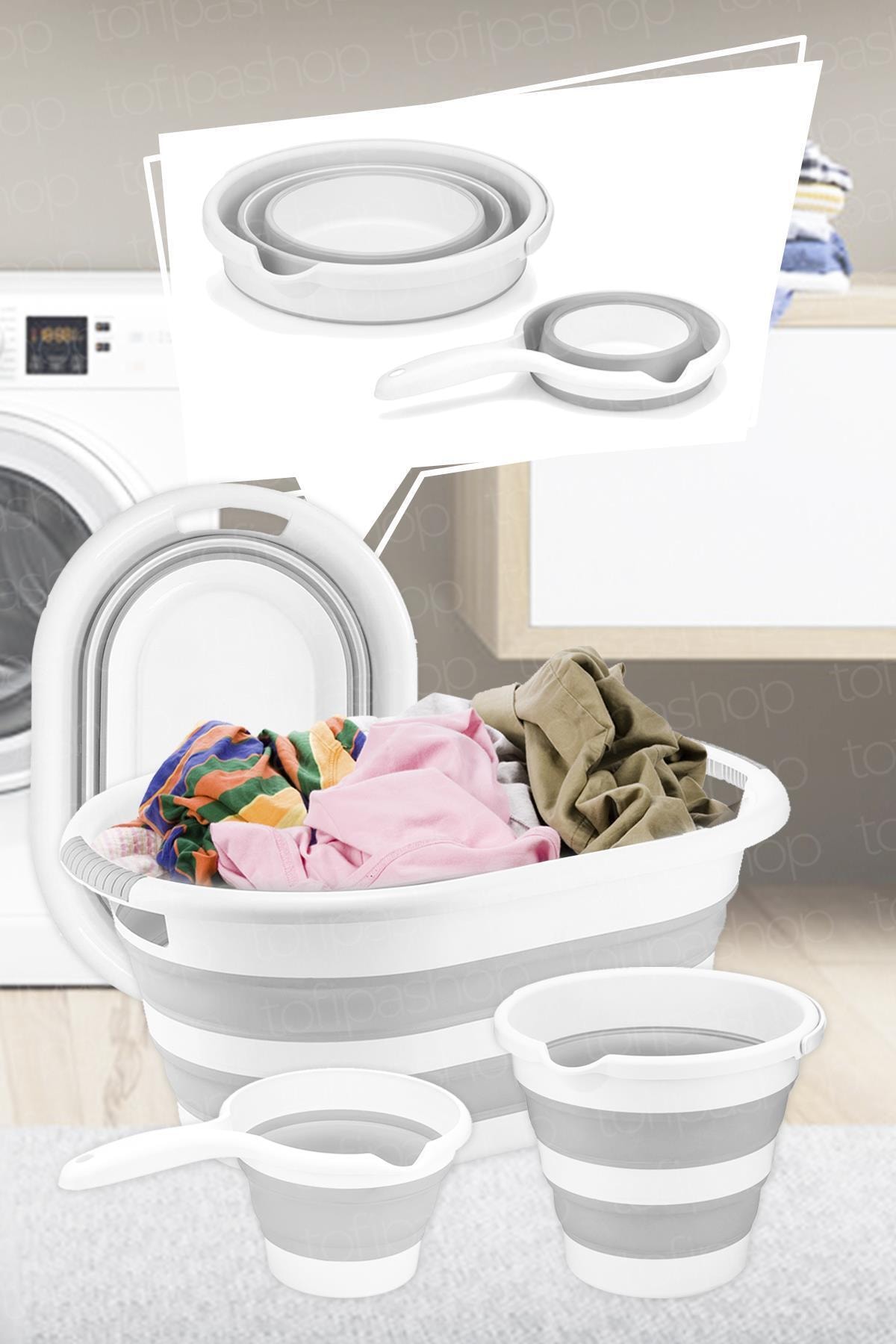 tofipashop 3'lü Set 38 Lt Katlanır Çamaşır Sepeti - Katlanabilir Akordiyon Su Kovası - Katlanır Koçero Maşrapa