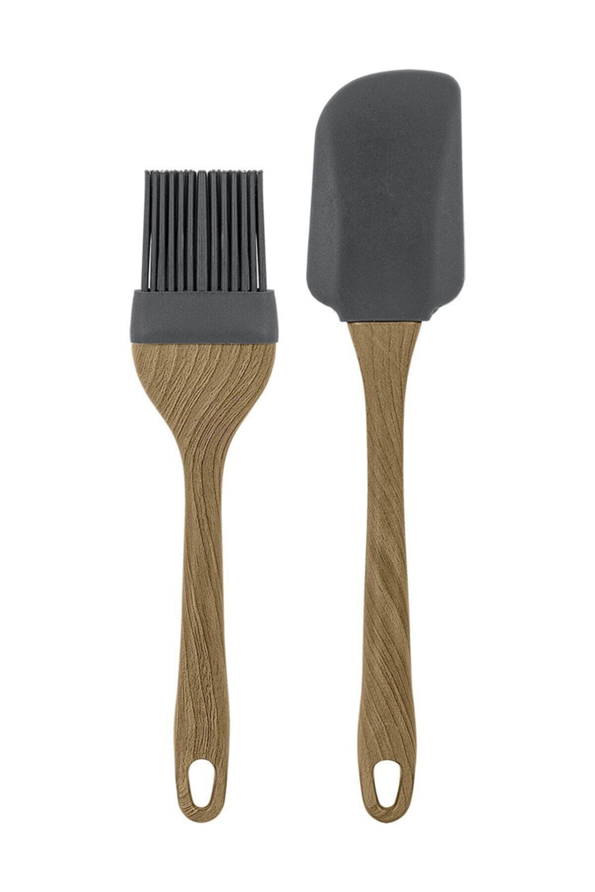 Mobaş Kahverengi Ahşap Saplı Slikon Spatula Ve Slikon Fırça 2li Set