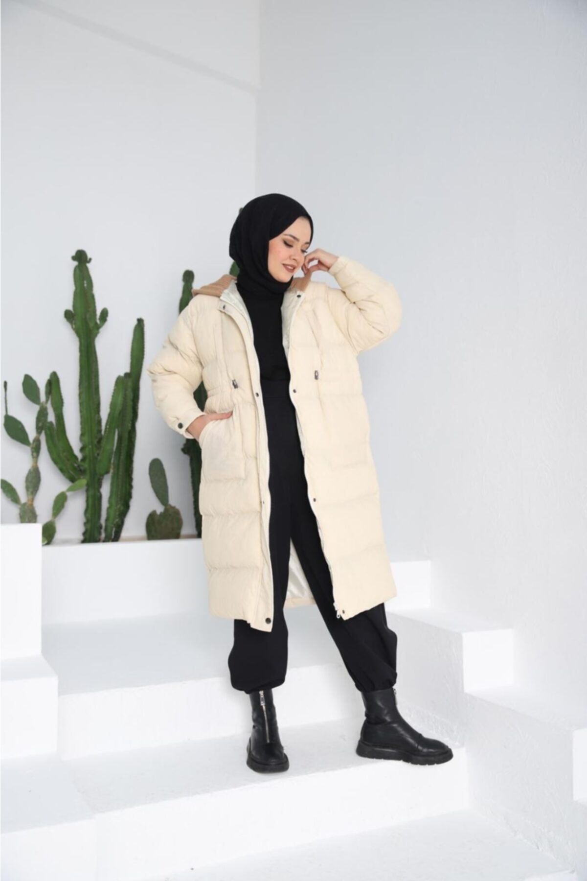 MARKALİSTE Triko Kapüşonlu Uzun Mont Taş