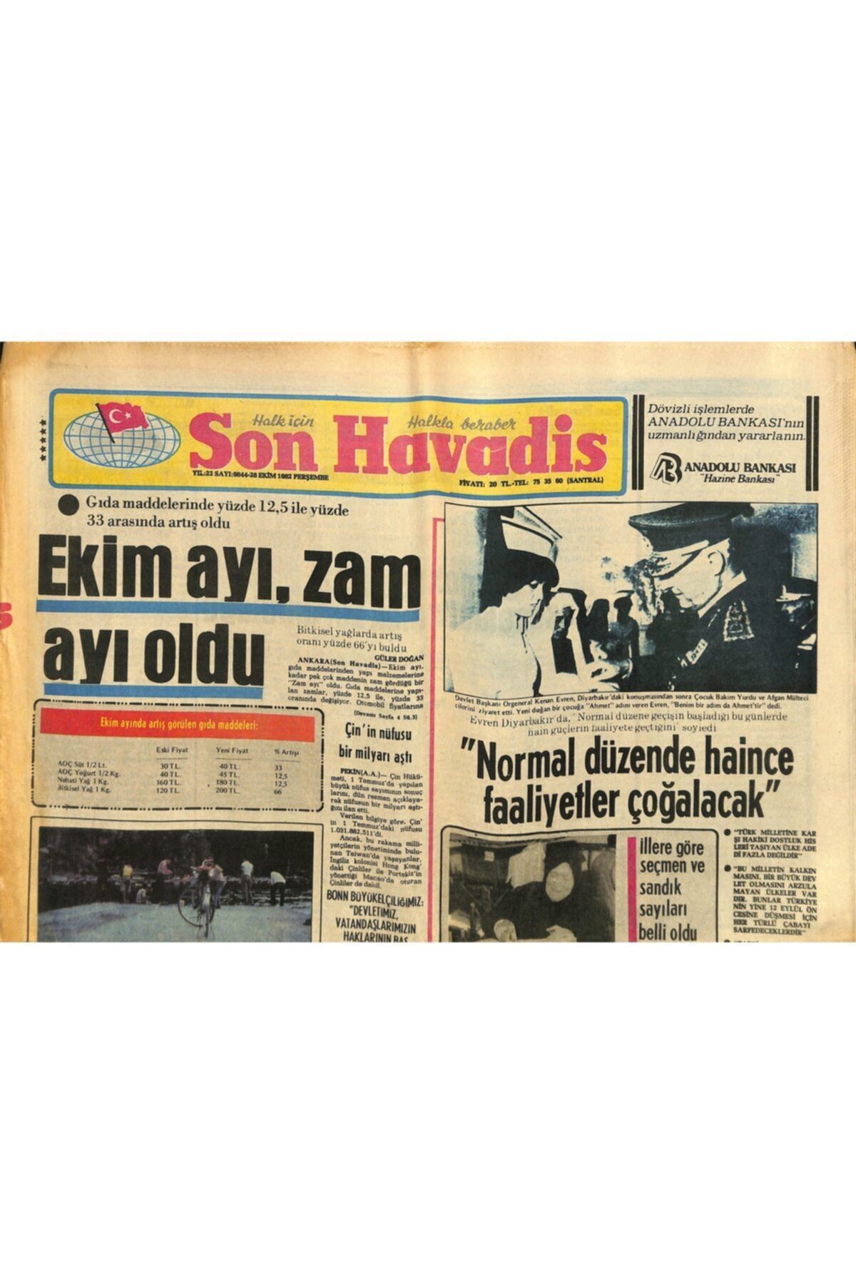 Gökçe Koleksiyon Son Havadis Gazetesi 28 Ekim 1982 - Ispanya'da Halk Bugün Sandık Başına Gidiyor